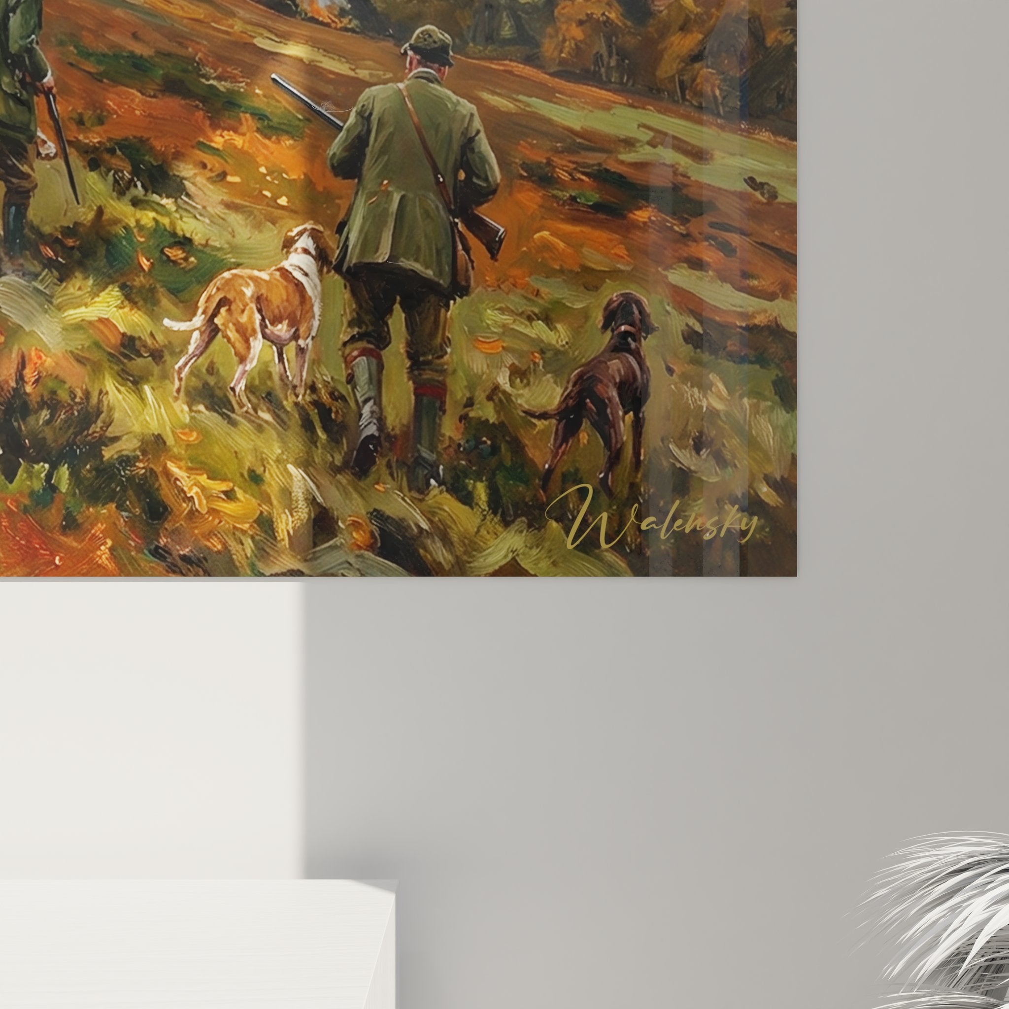 Vue d'ensemble tableau chasse au faisan, scène de battue automnale avec ciel dramatique et landes rousses