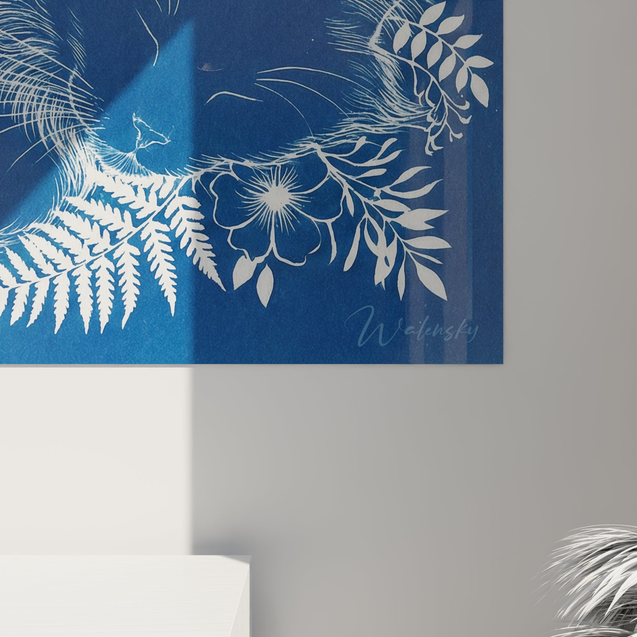 Panoramica quadro gatto Ragamuffin, arte murale blu e bianca, stile vintage moderno per soggiorno