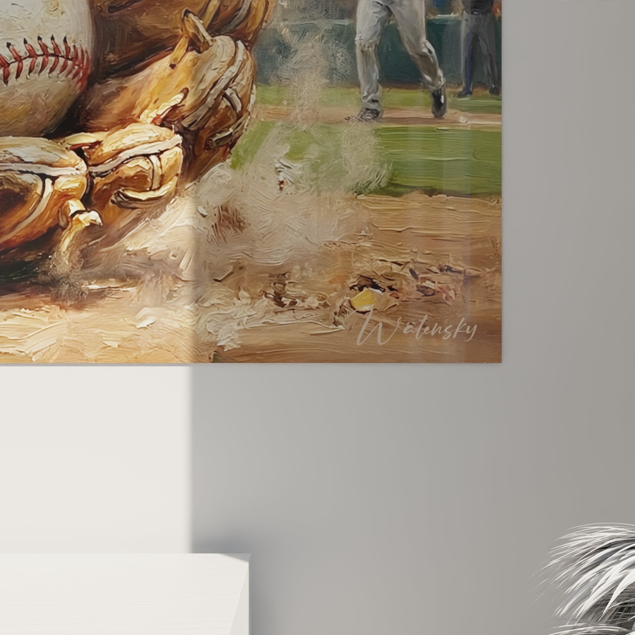 Vue d'ensemble tableau baseball dans salon montrant perspective et dimensions parfaites pour décoration intérieure sport