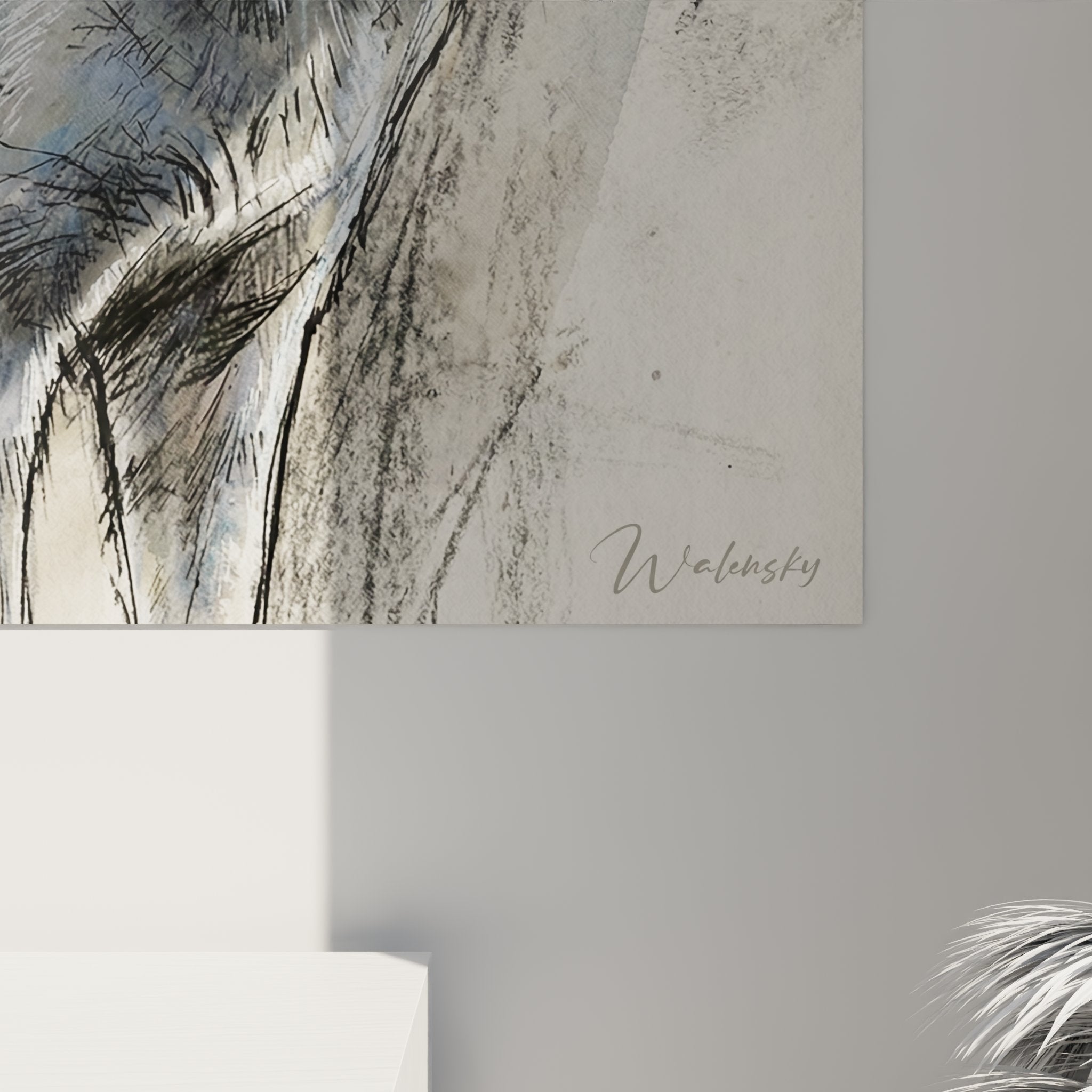 Vue d'ensemble tableau mural chat Russian Blue dans salon moderne style artistique