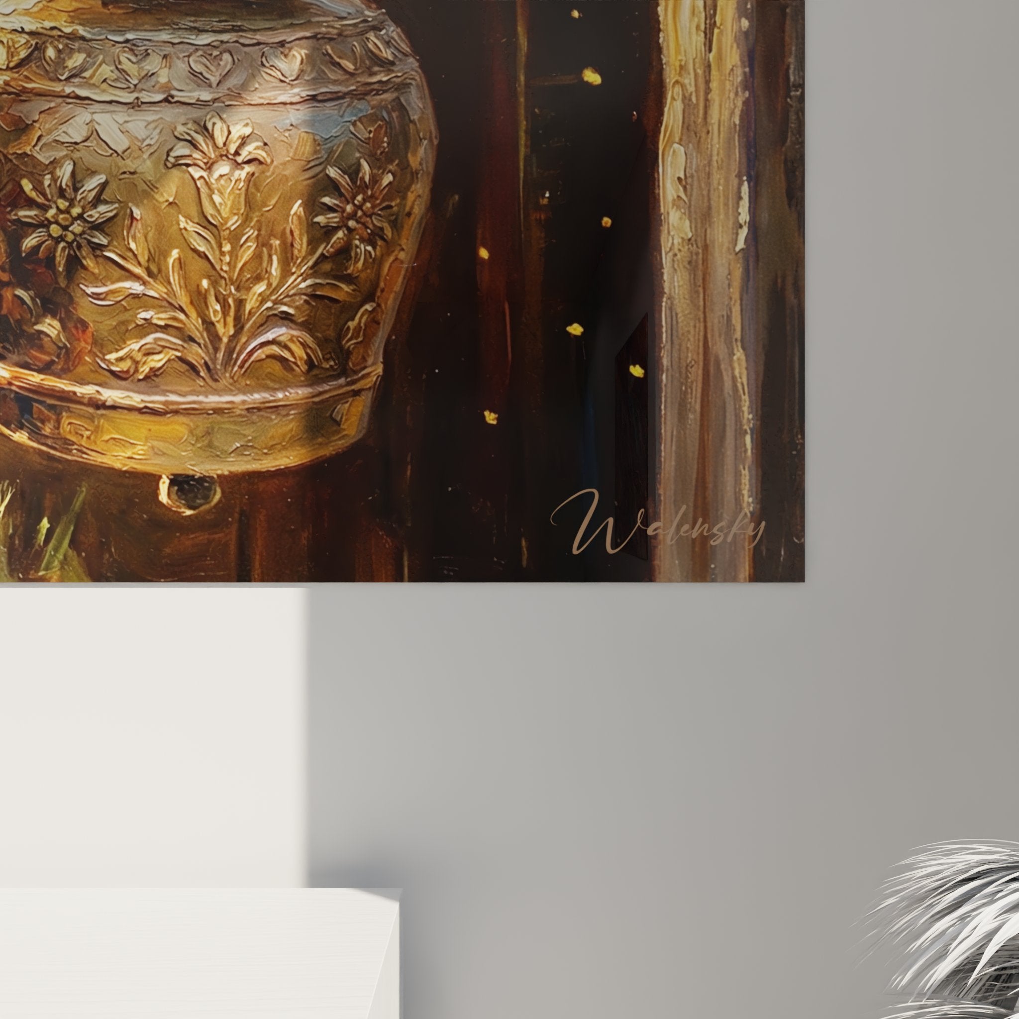 Vista d'insieme quadro chalet alpino, scena rustica con finestra su paesaggio montano fiorito