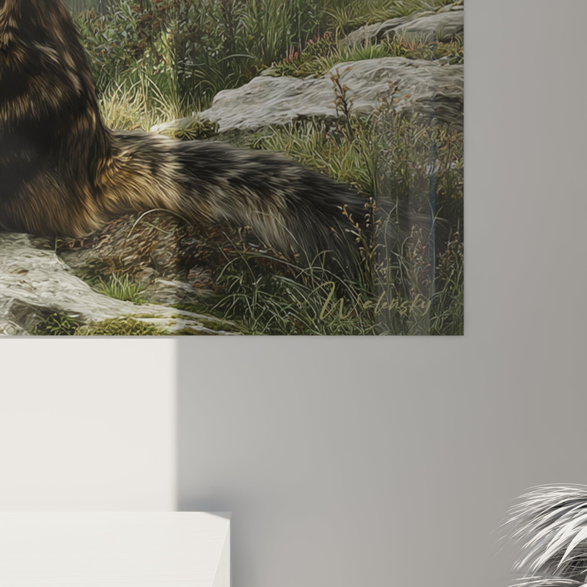 Vue ensemble tableau mural chat American Bobtail dans décor montagnard, art animalier contemporain