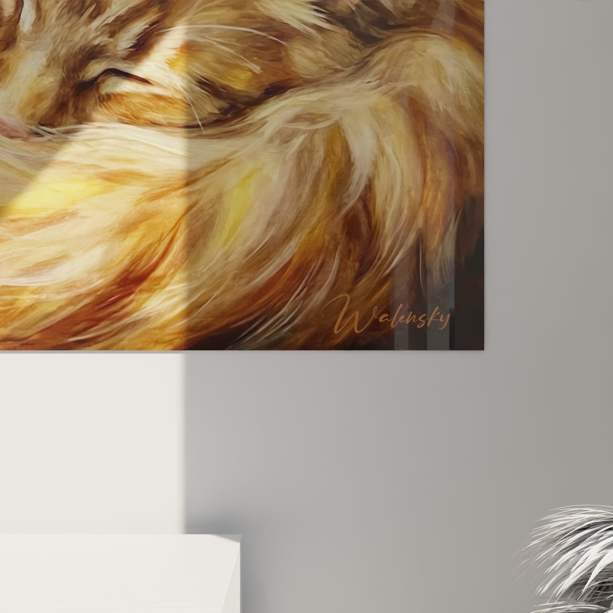 Übersichtsansicht des Maine Coon Gemäldes in einem zeitgenössischen Wohnzimmer mit natürlicher Beleuchtung