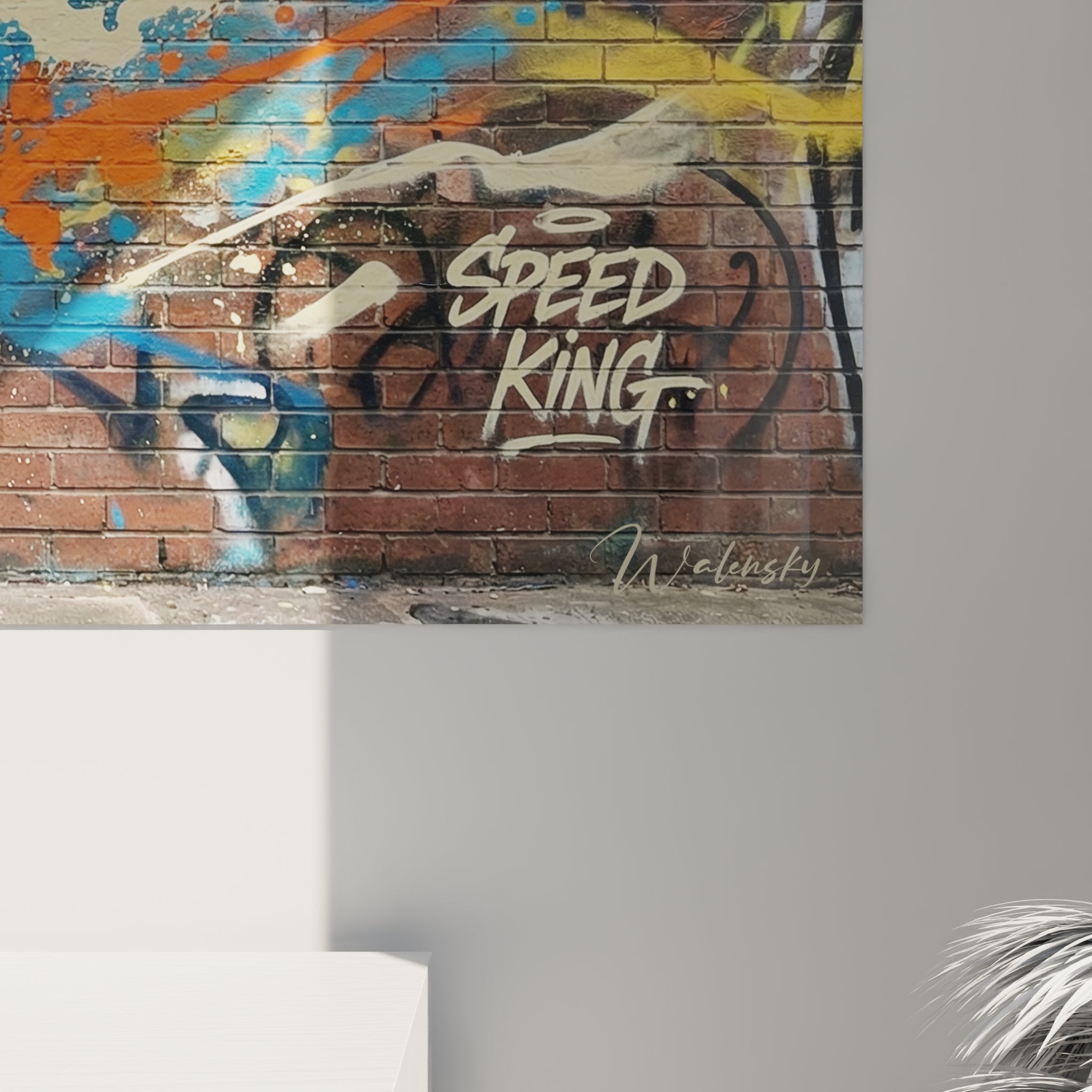 Gesamtansicht des Wandbildes persische Katze Street Art mit Signatur Speed King auf Leinwand gespannt