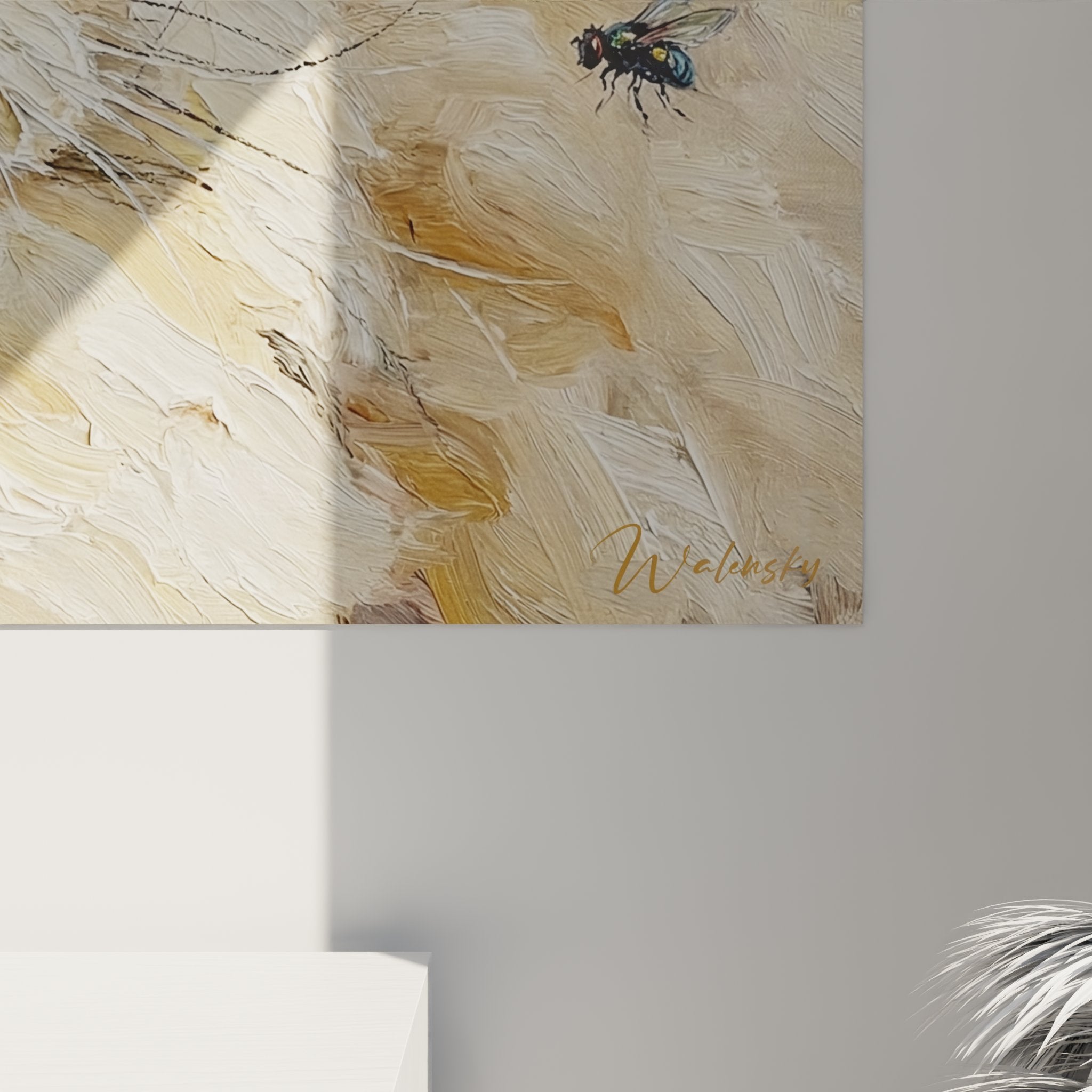 Übersichtsansicht Gemälde Perserkatze mit bernsteinfarbenen Augen, Querformat auf weißer Wand, dekoratives Katzen-Wandbild