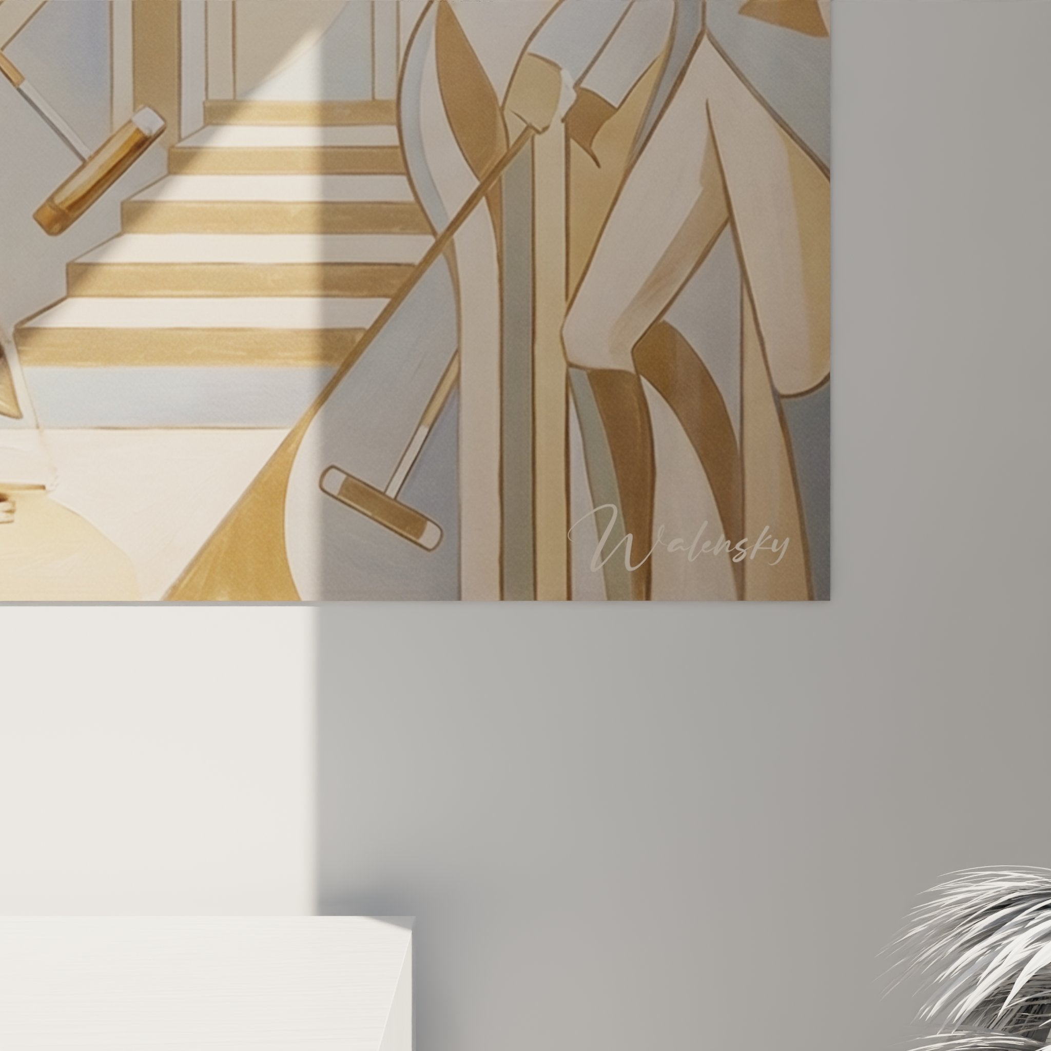 Overview of the polo player painting in a contemporary living room with equestrian decor