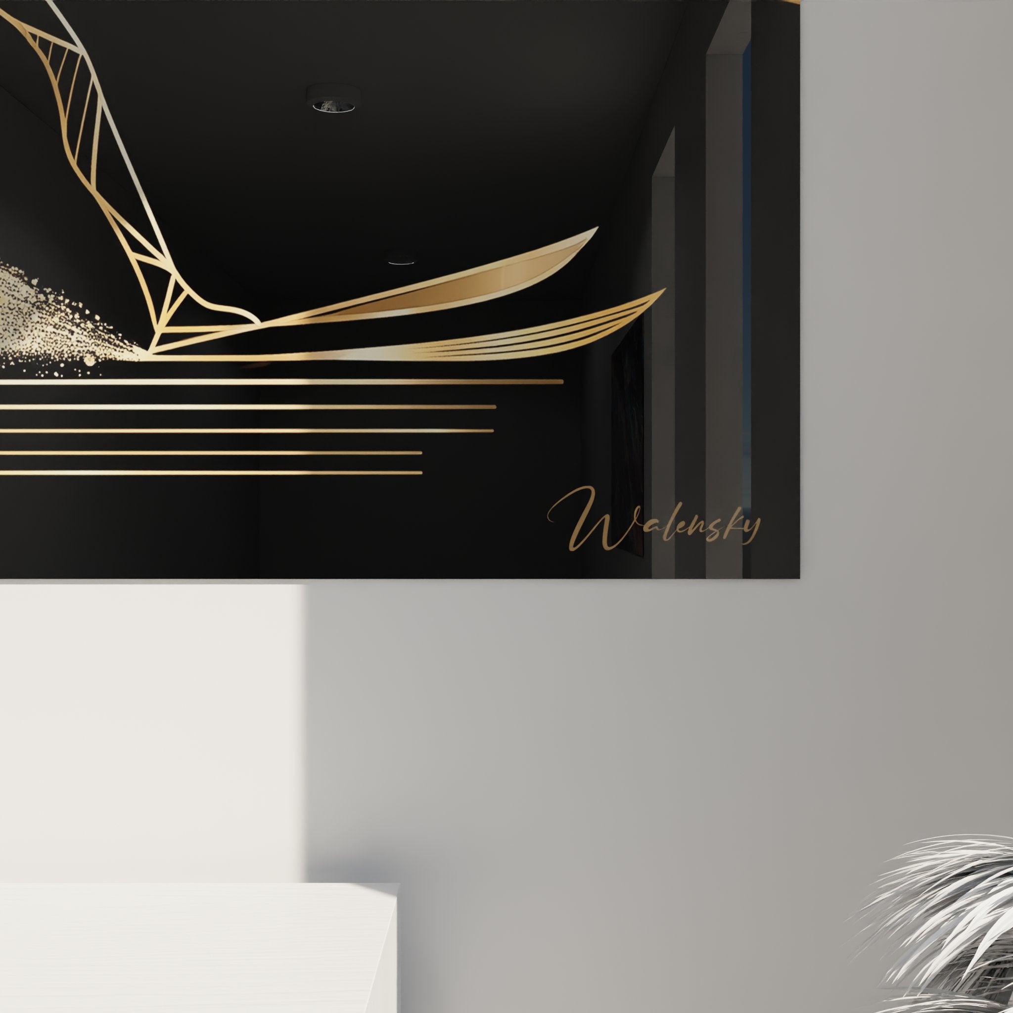 Panoramica quadro murale sci nautico stile geometrico dorato in interno contemporaneo