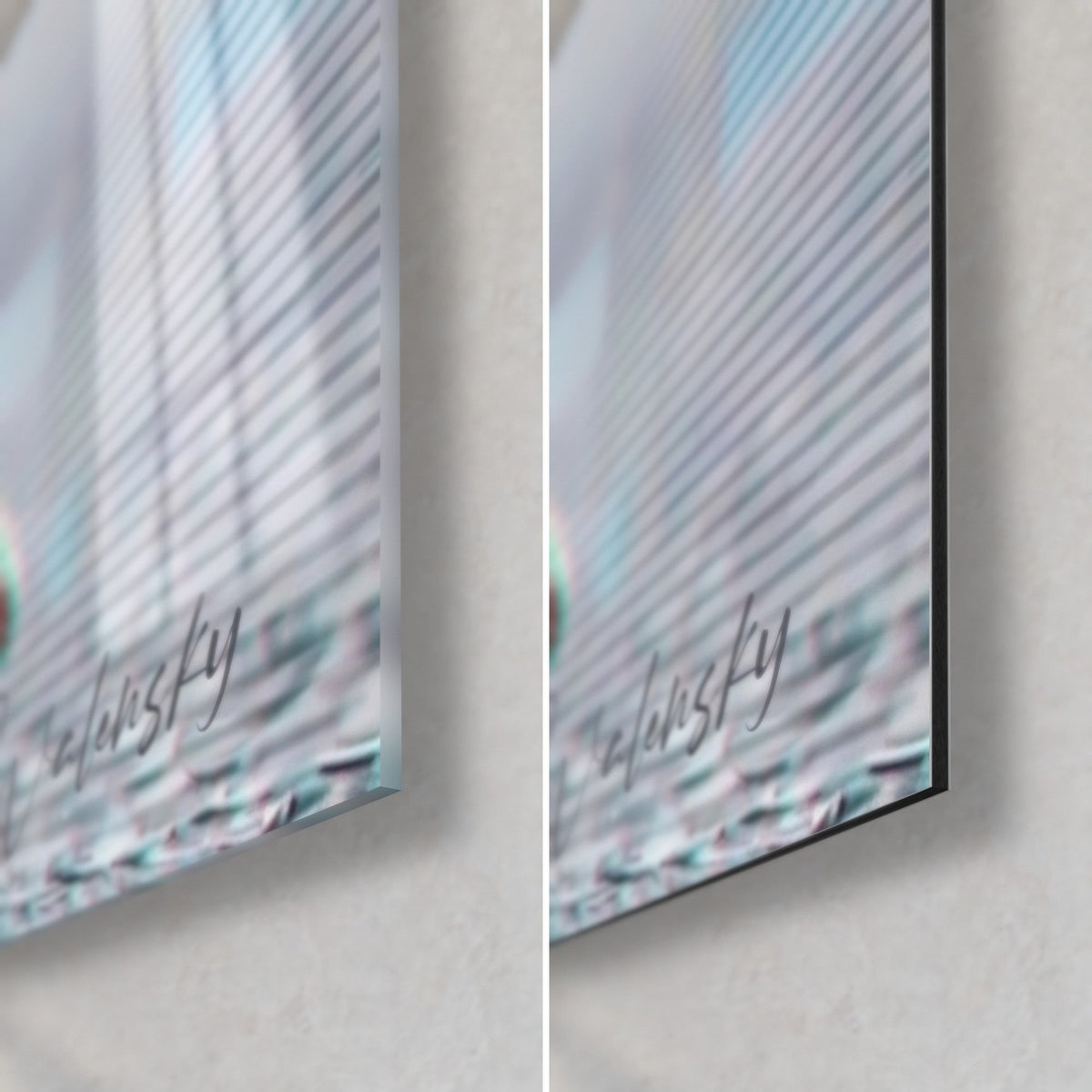 Tableau matou tigré glitch, trames cyan et magenta sur le bitume gris, tranche de 3 mm, verre brillant et Dibond mat
