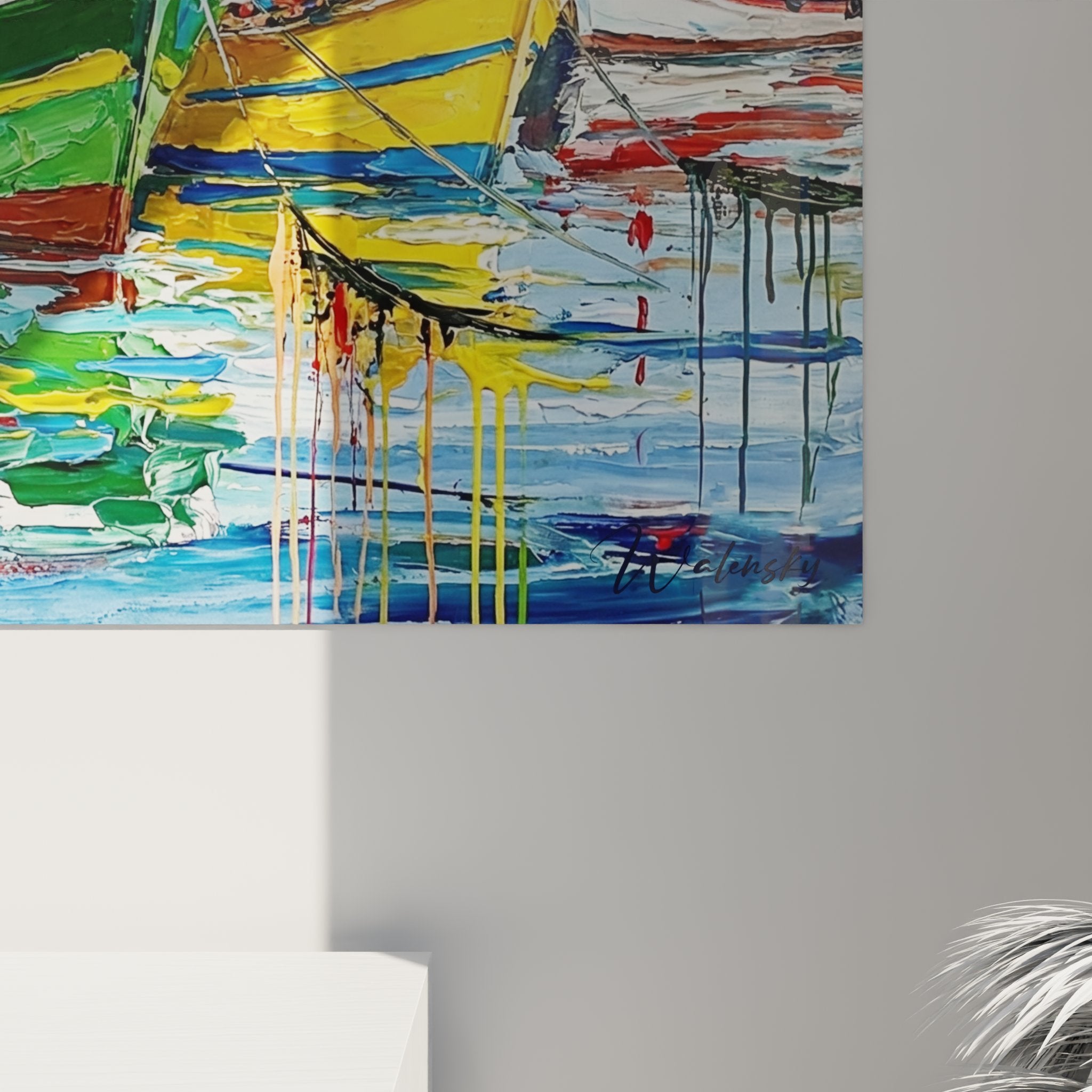Overview of Breton port painting - colorful fishing boats water reflections blue sky stone houses