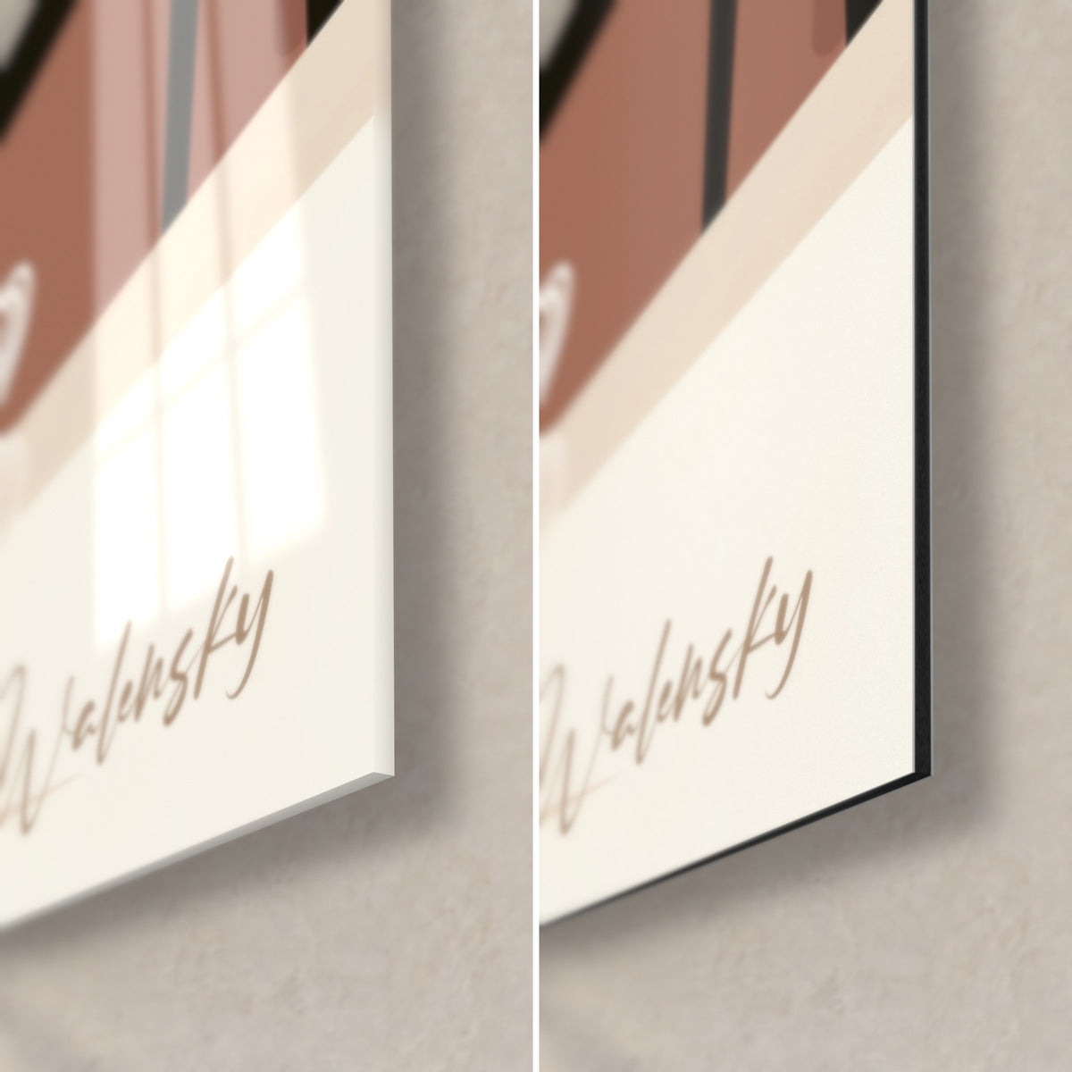 Gemälde einer weißlichen Lockenkatze, unten rechts signiert Walensky, glänzendes Acrylglas links, mattschwarzes Dibond rechts