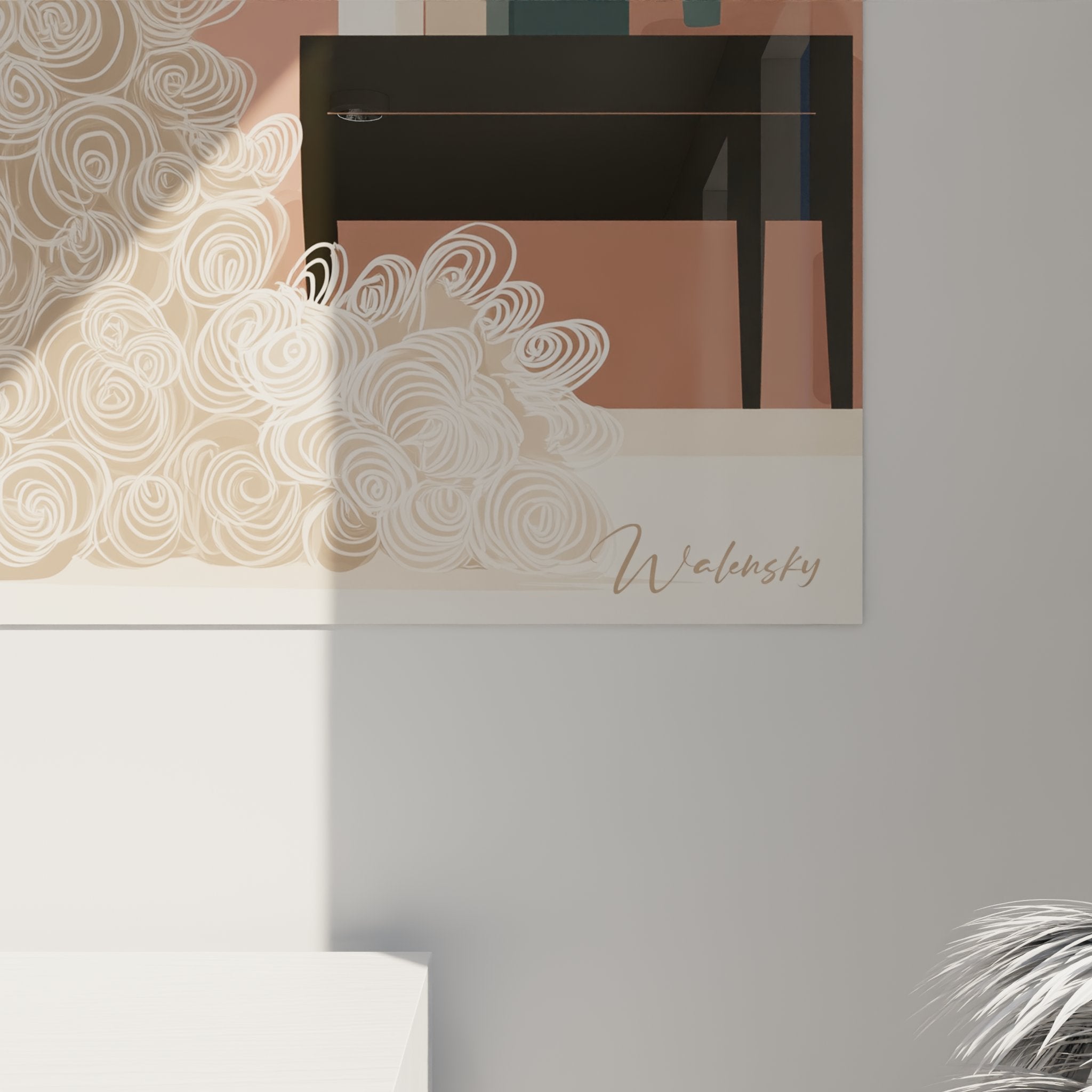 Overall view of Selkirk Rex cat artwork in contemporary living room with warm color palette modern interior decoration