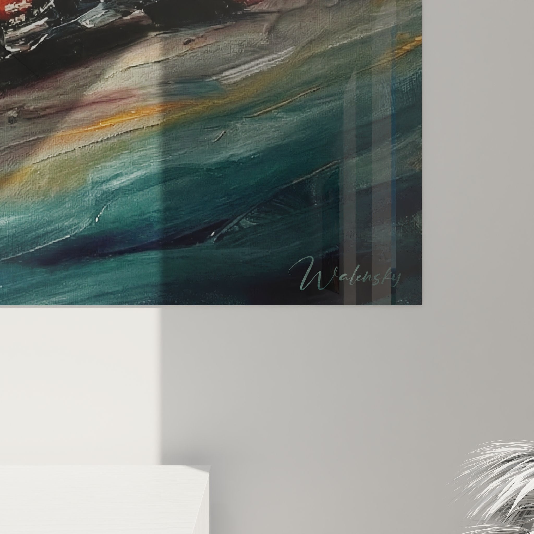 Vue d'ensemble tableau Ferrari Formule 1 rouge avec arriere-plan flou et palette chromatique motorsport