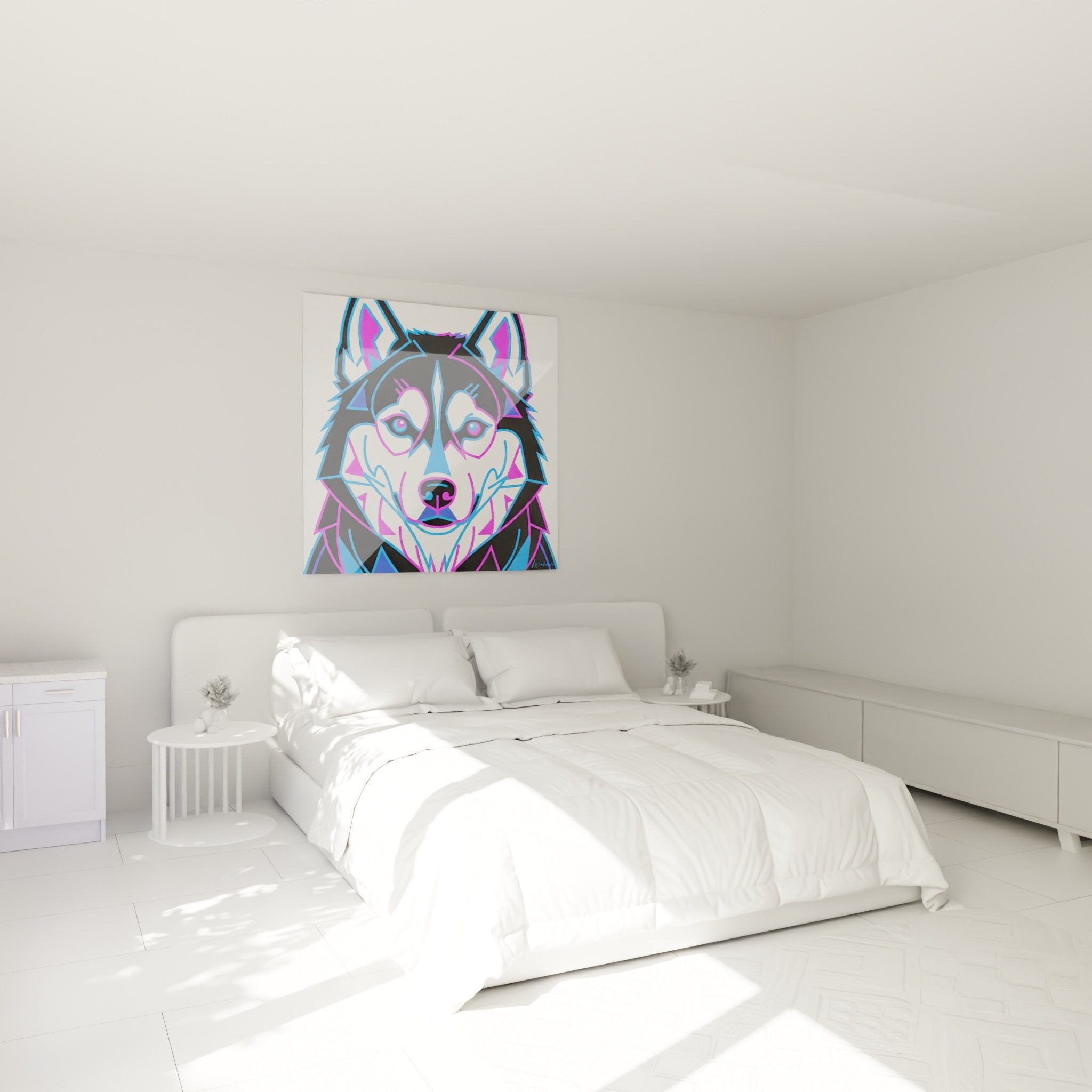 Blue pink geometric Husky wall art hanging in a modern contemporary bedroom design