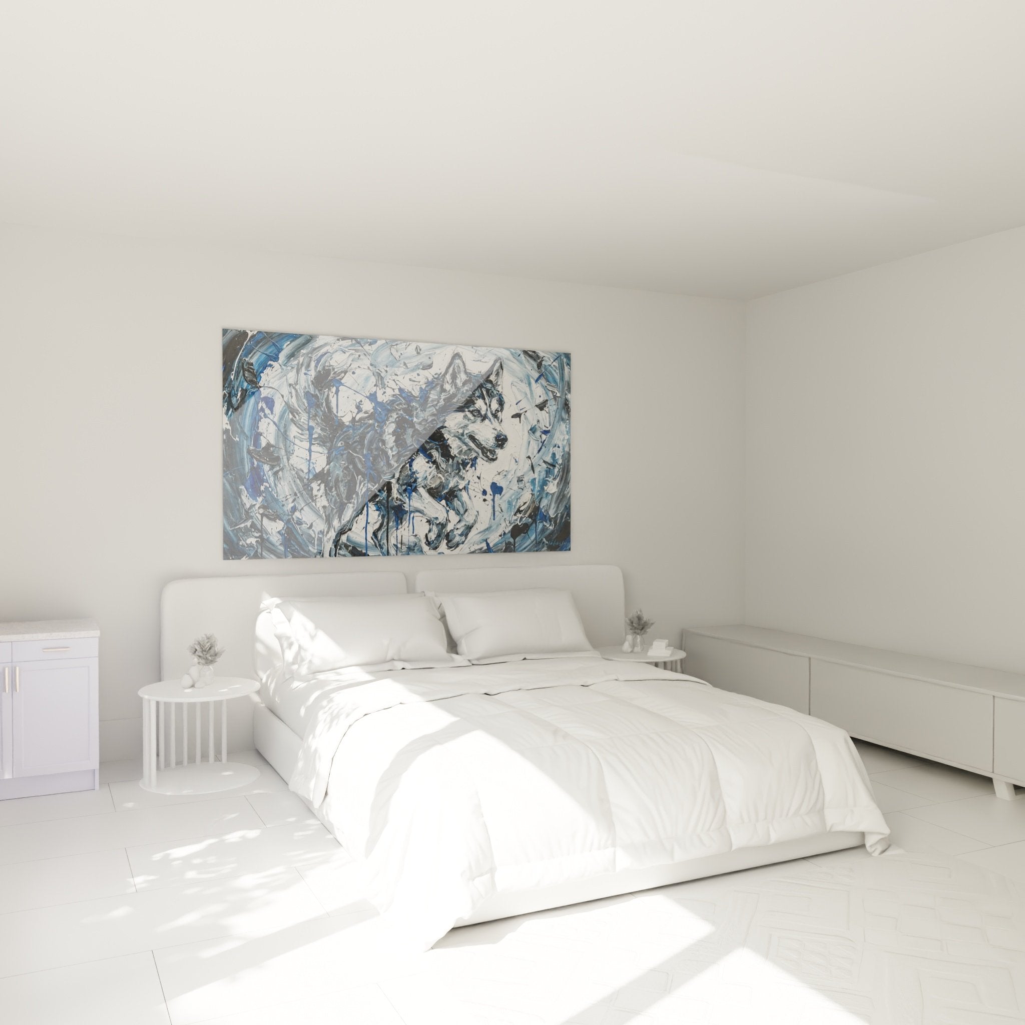 Tableau husky sibérien bleu et blanc exposé dans une chambre moderne aux murs blancs