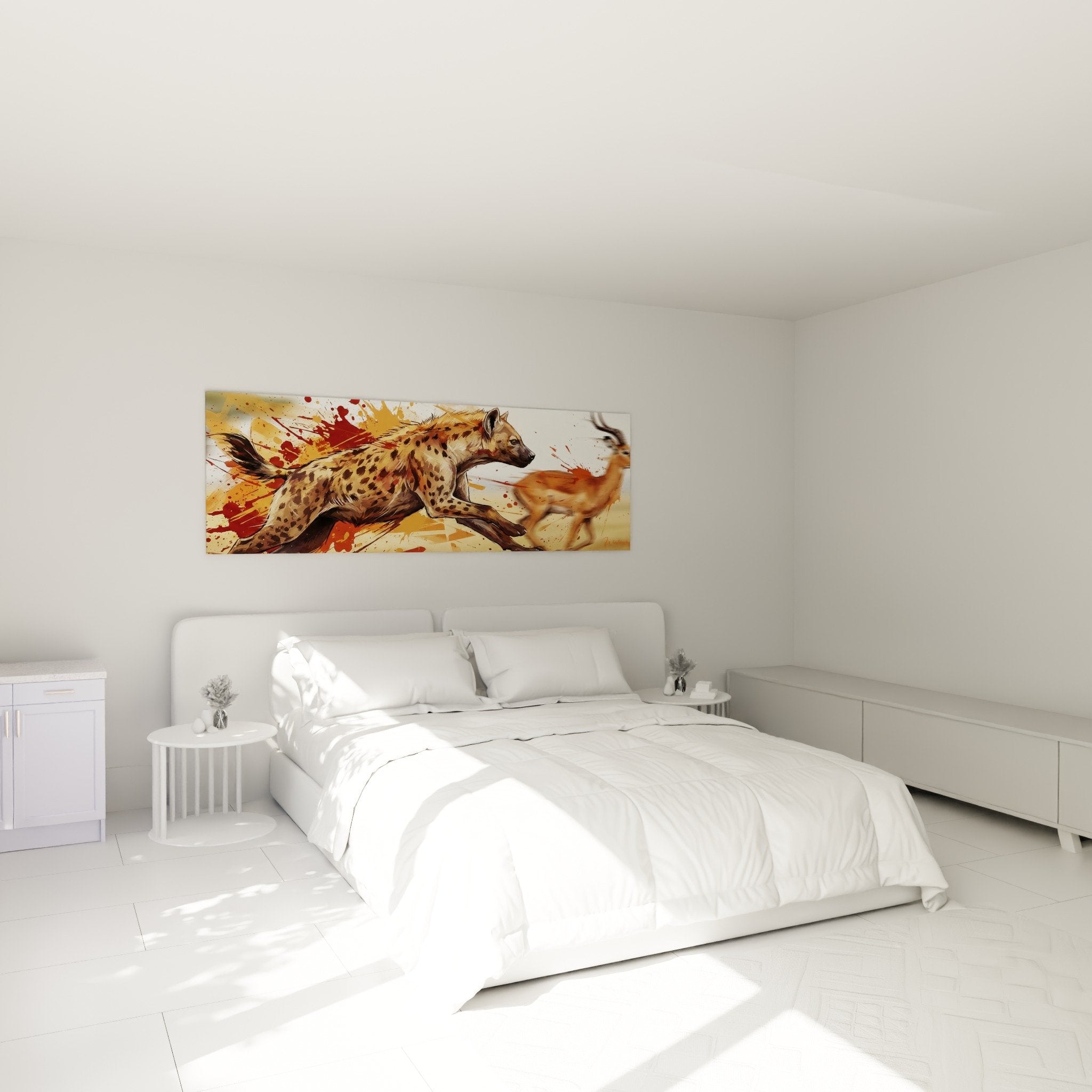 Dynamisches Hyänenbild in warmen Tönen im modernen Schlafzimmer - schicke Safari-Atmosphäre