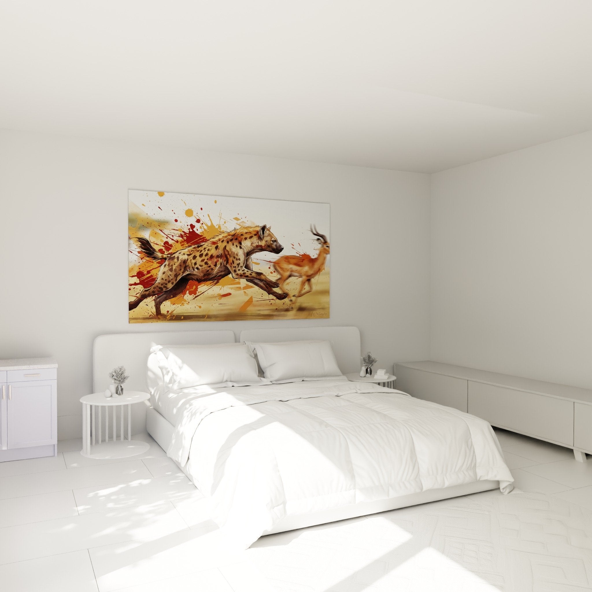 Gefleckte Hyäne in Bewegung mit Farbspritzern dekoriert ein modernes Schlafzimmer