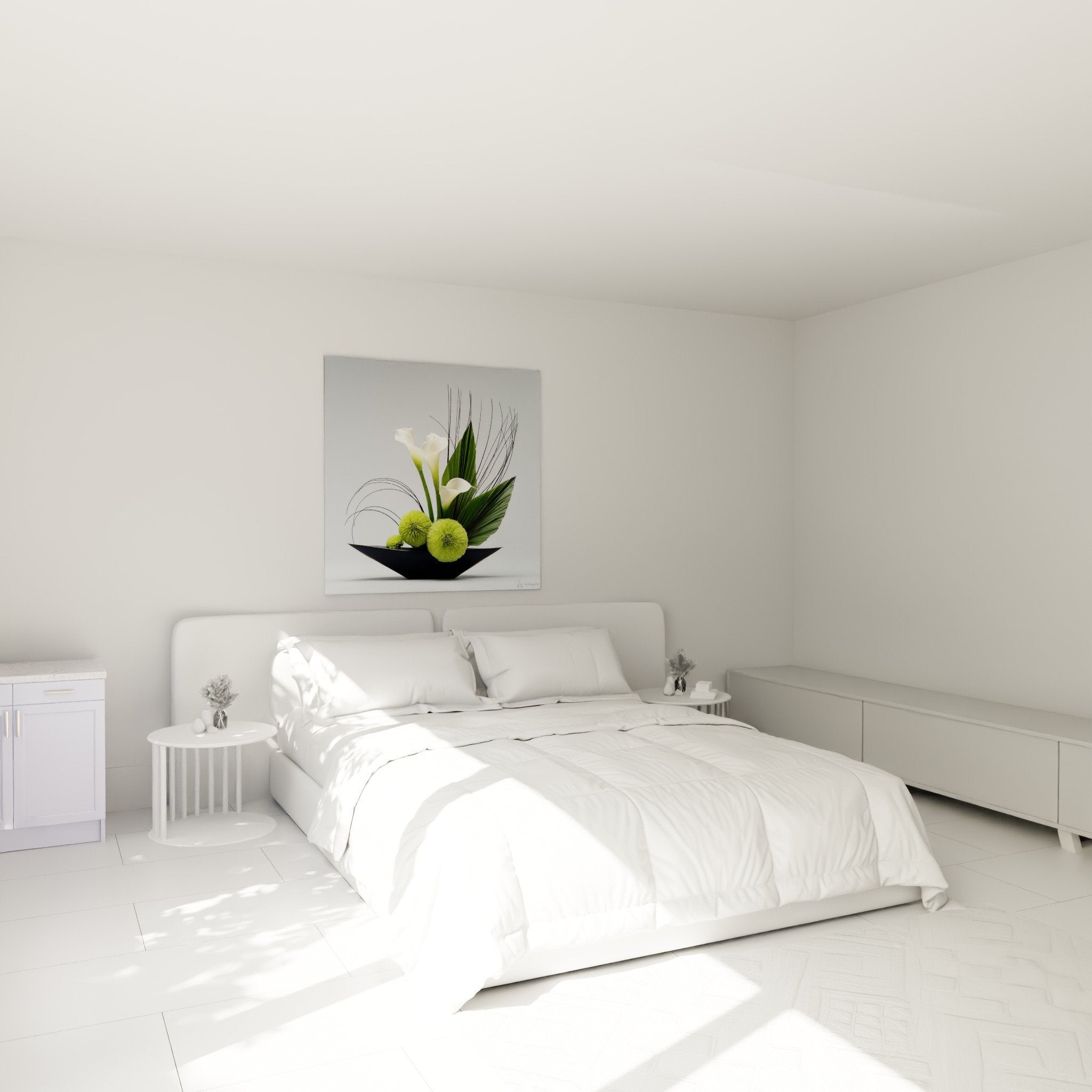tableau ikebana callas blancs et verts dans chambre moderne decoration zen minimaliste