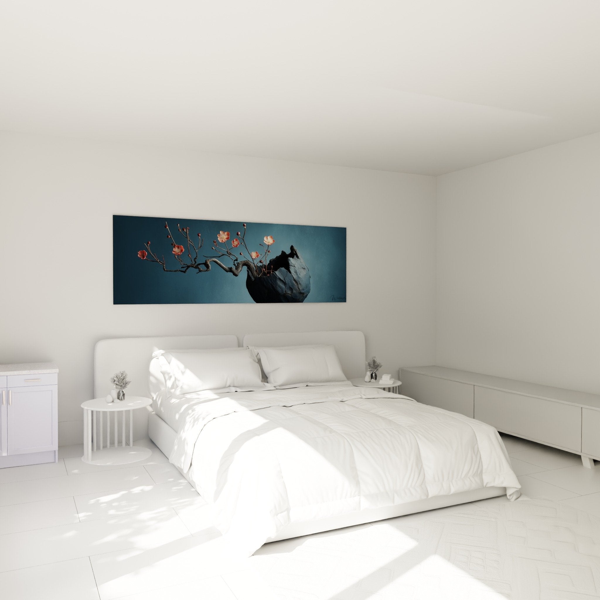 Ikebana wall art bedroom branch pink flowers black vase blue wall Japanese zen decoration