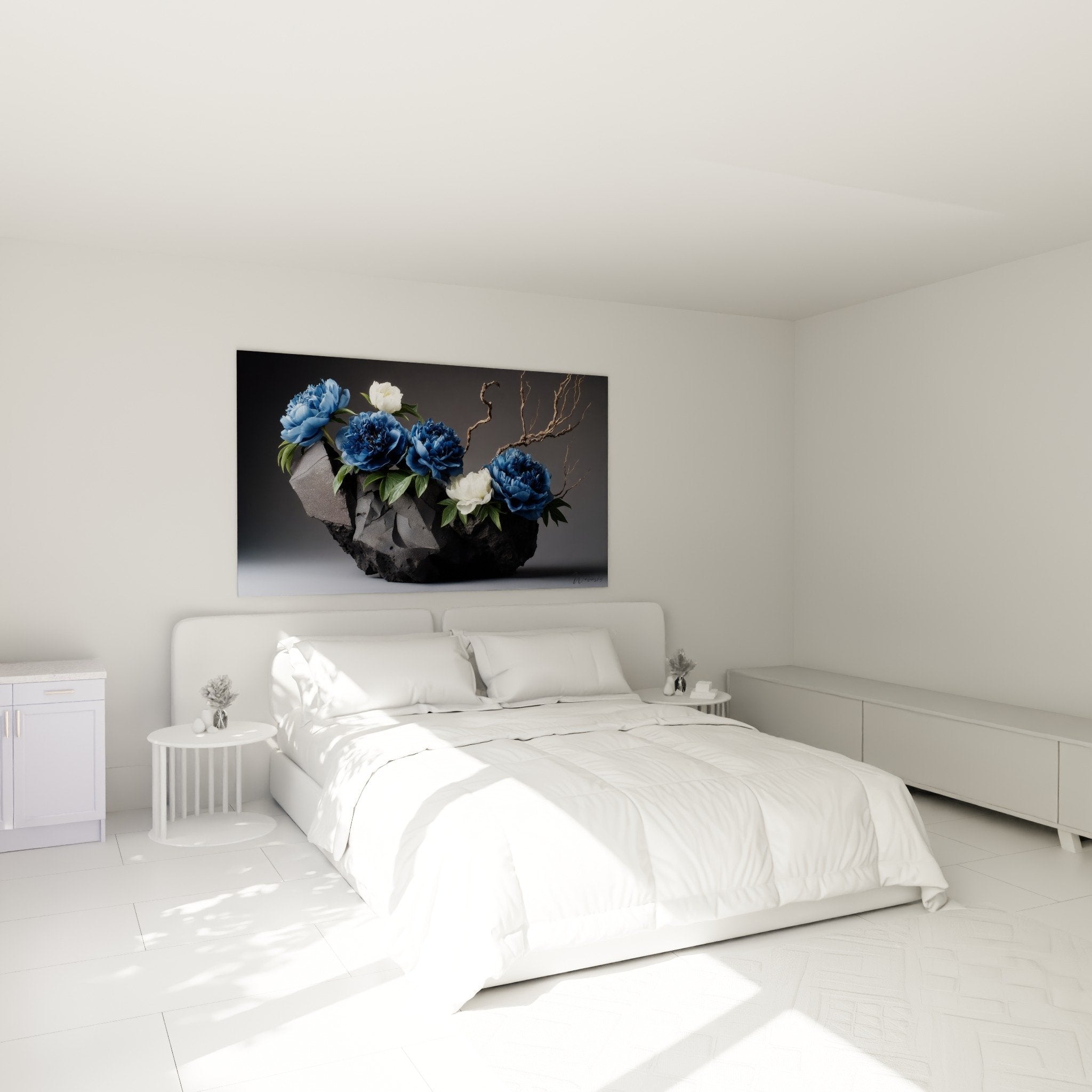 Tableau Ikebana fleurs bleues et blanches dans chambre moderne, decoration murale zen sur roche volcanique