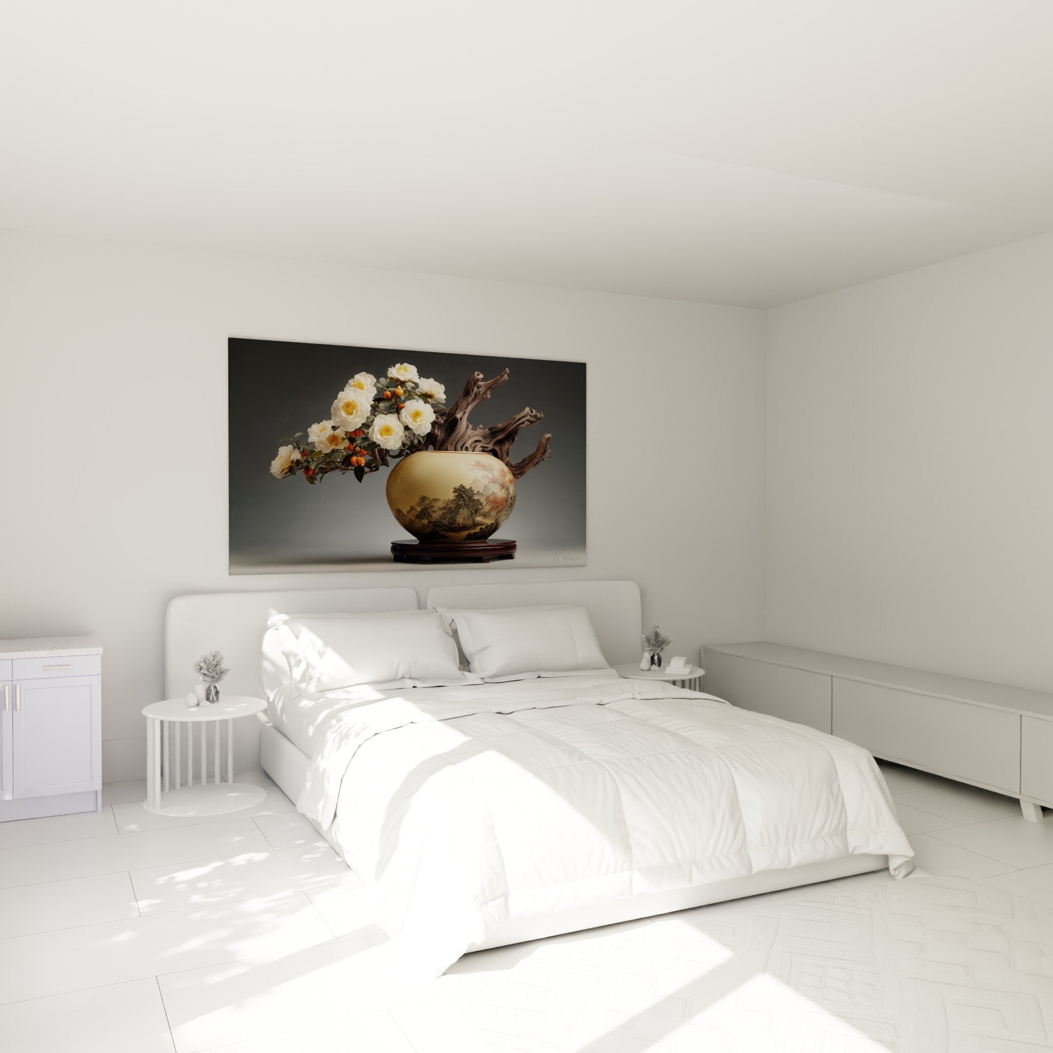 Ikebana vase golden and white peonies wall art in zen bedroom with neutral tones and natural furniture