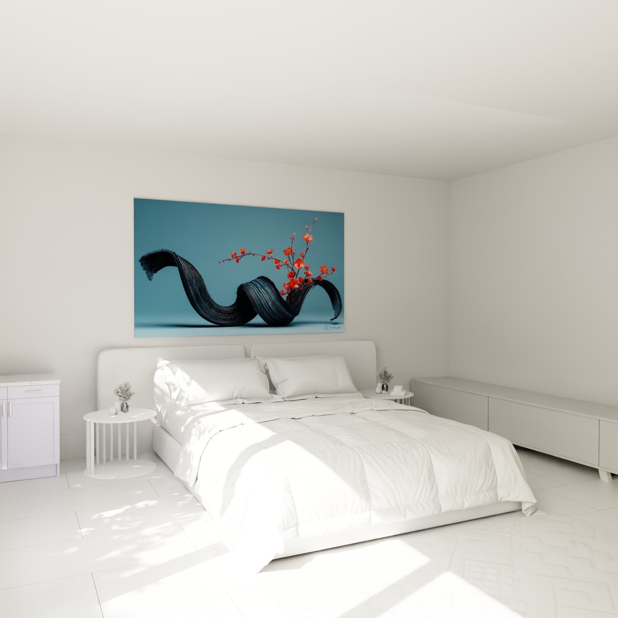 tableau ikebana vase noir fleurs corail decoration murale chambre zen art floral japonais ambiance apaisante