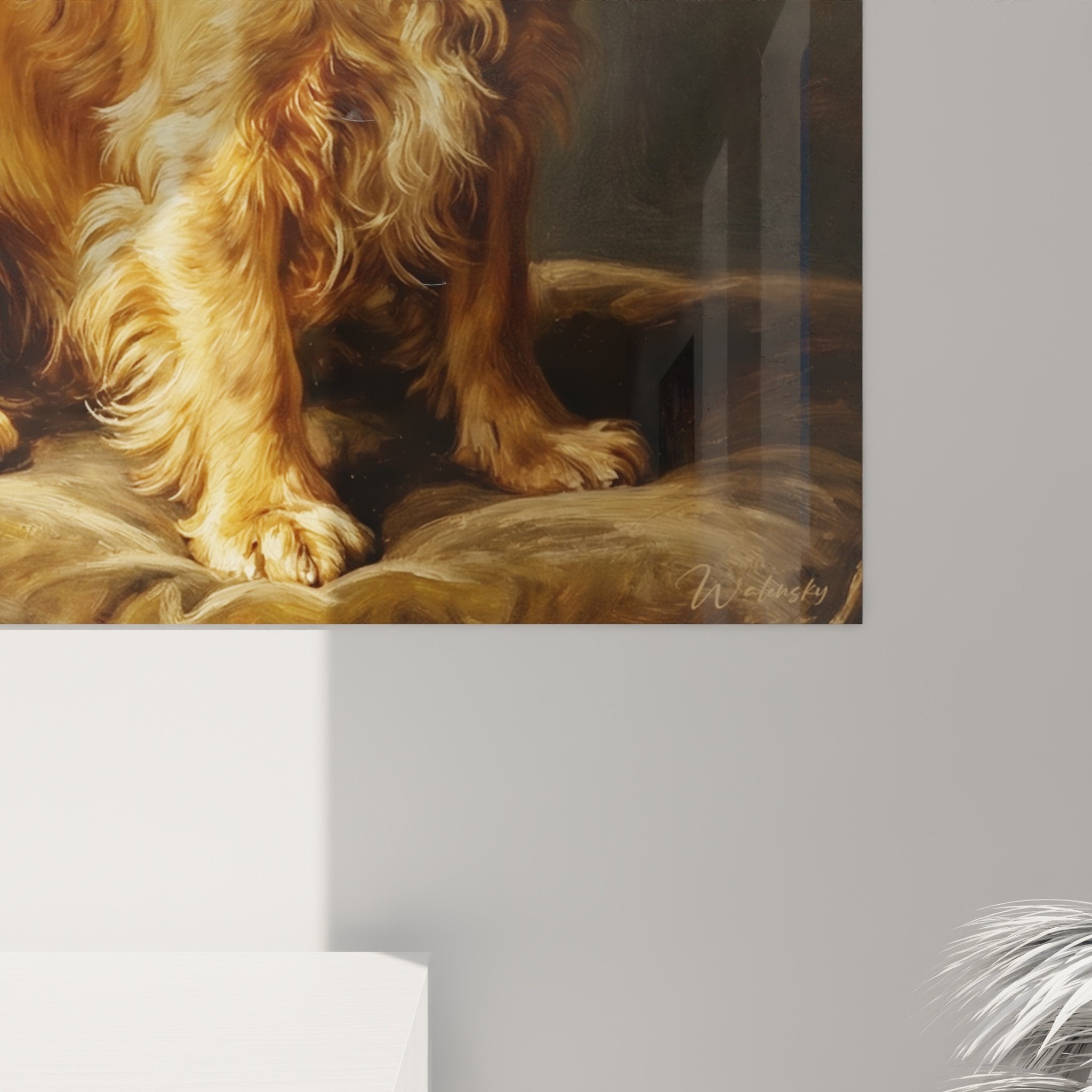 Vue d'ensemble du tableau Cocker Anglais intégré dans un salon cosy avec mobilier en bois naturel