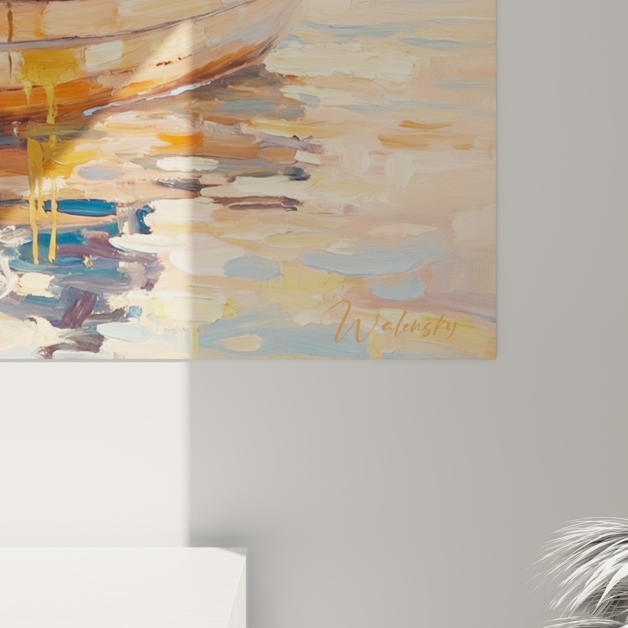 Gesamtansicht Wandbild maritime Szene Fischer Muscheln integrierte Wohnzimmerdekoration authentischer gemütlicher Küstenstil