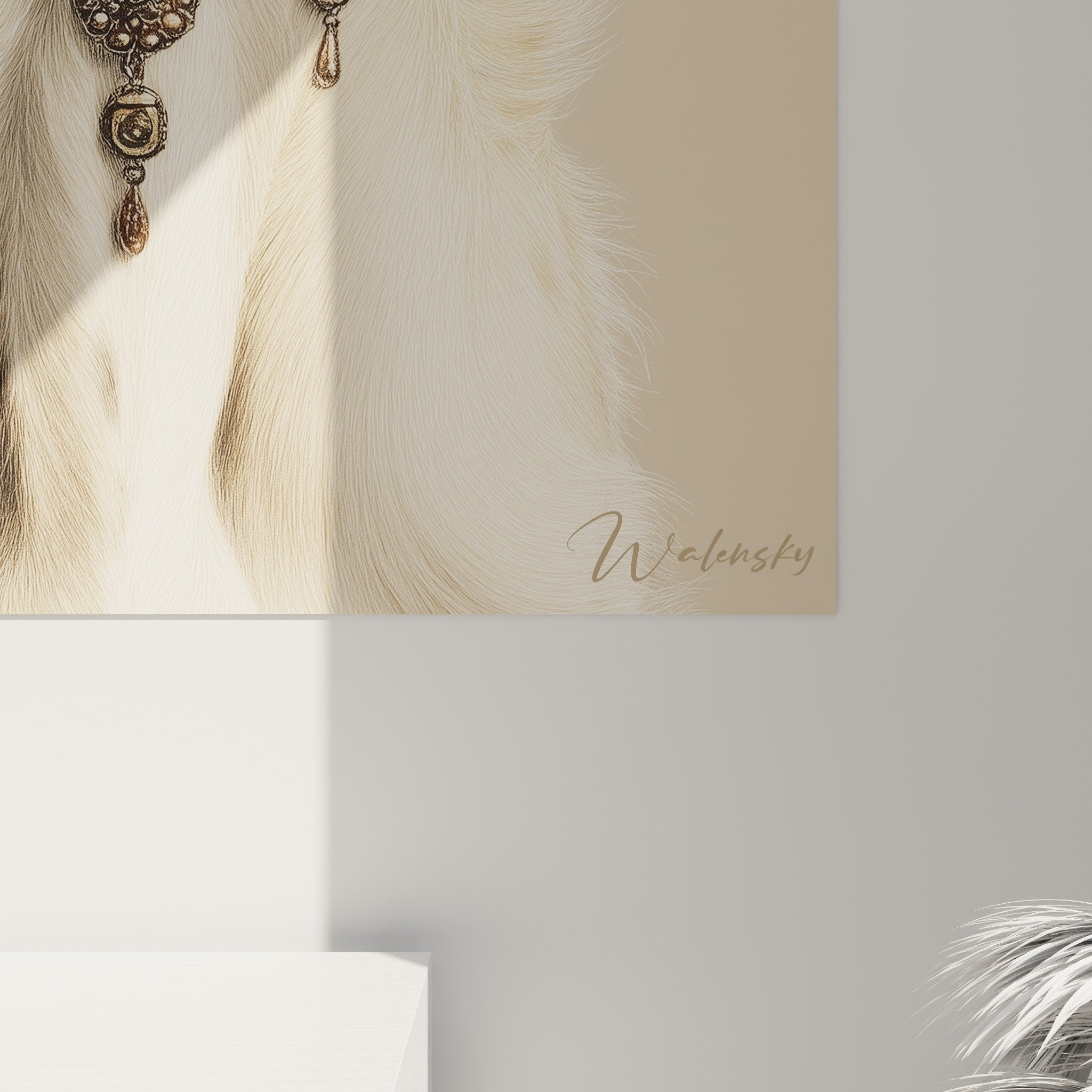 Vue d'ensemble du tableau Saluki doré dans un intérieur contemporain aux influences orientales