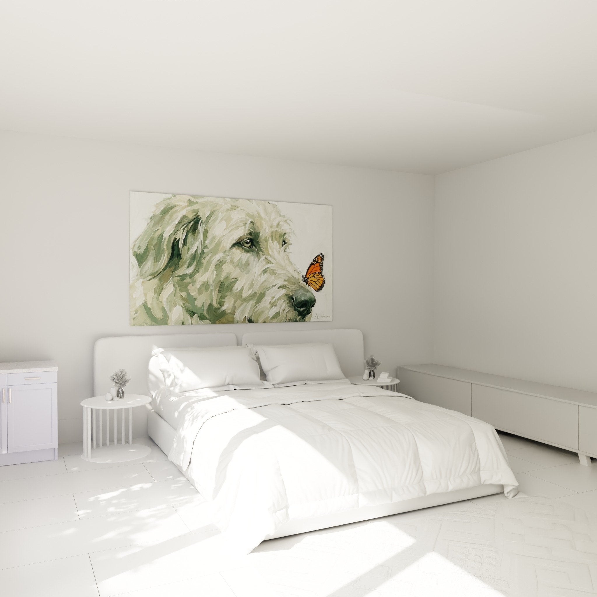 Tableau Irish Wolfhound tons olive beige dans chambre decoration murale apaisante papillon monarque