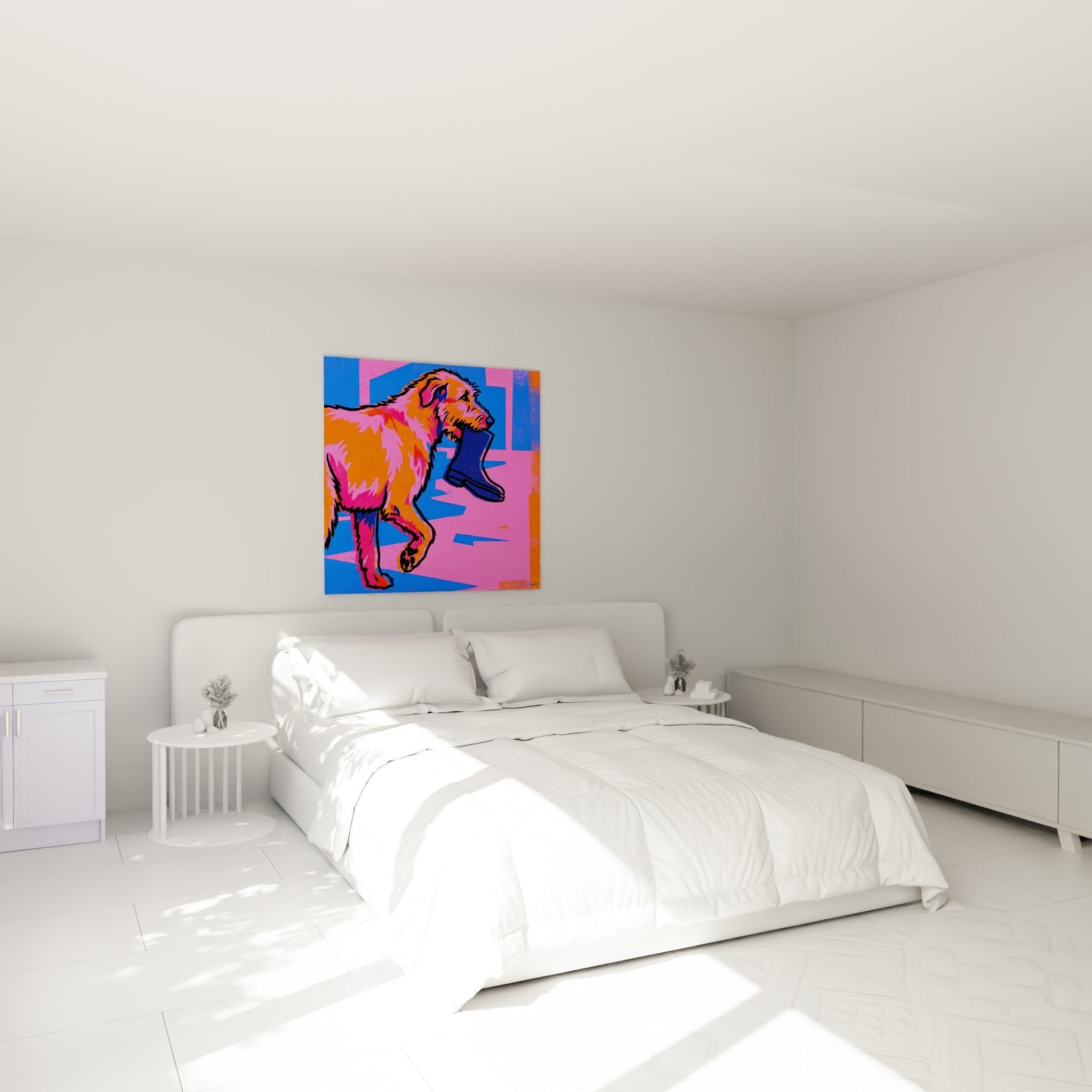 Irischer Wolfshund Pop-Art Gemälde in Farbe im modernen Schlafzimmer zeitgenössische Wanddekoration
