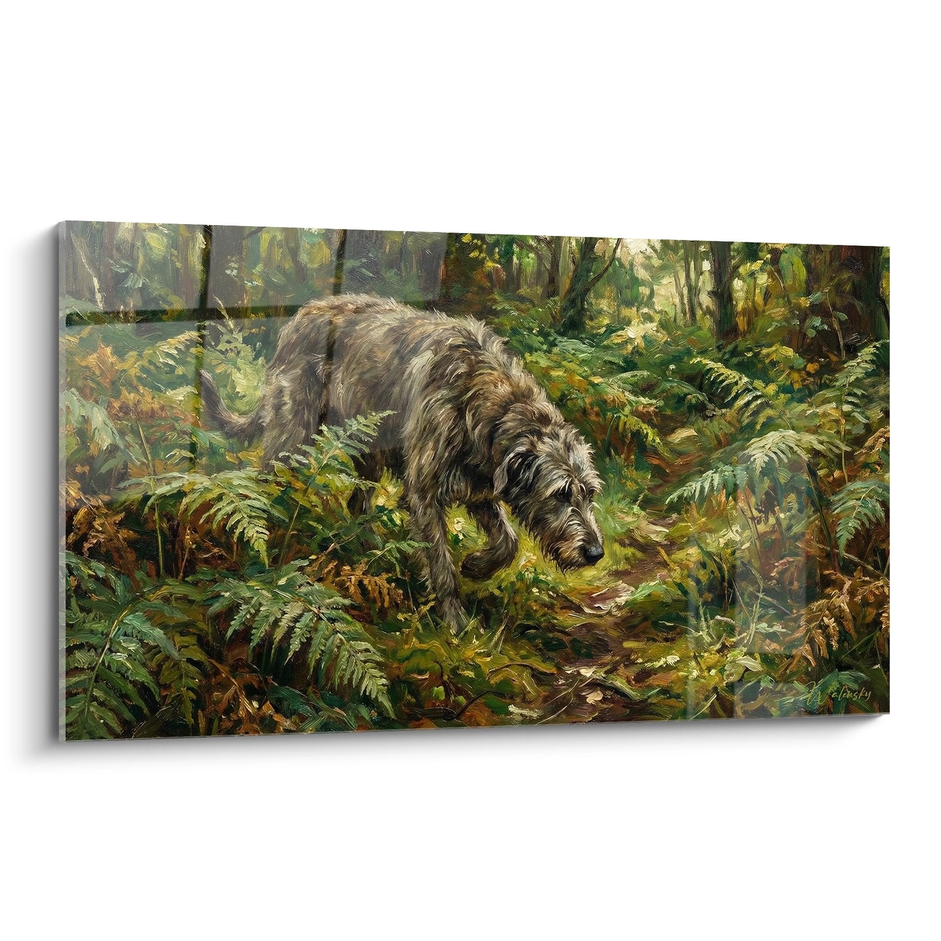 Tableau Irish Wolfhound aux reflets cuivrés fouillant dans les fougères vertes d'un sous-bois dense