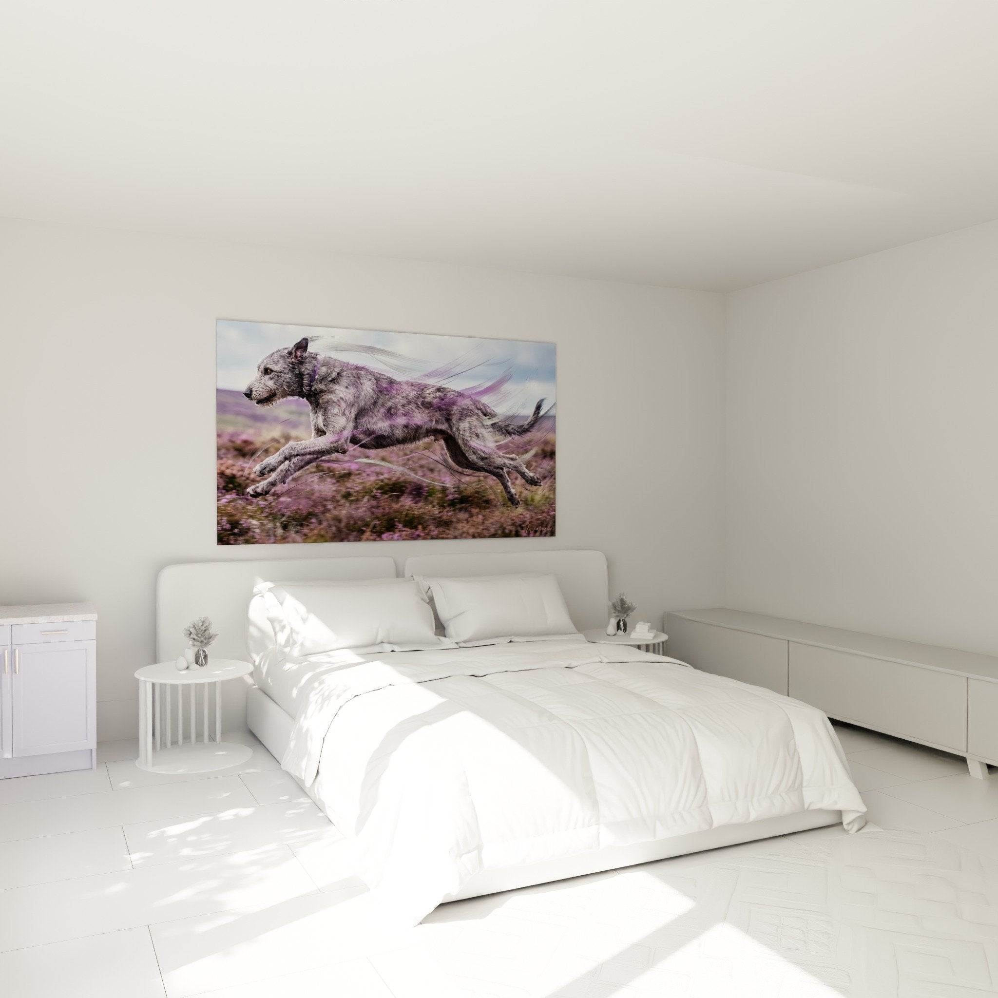 irischer windhund gemälde violett schlafzimmer wanddekoration kopfteil mystische atmosphäre riesenhund irland
