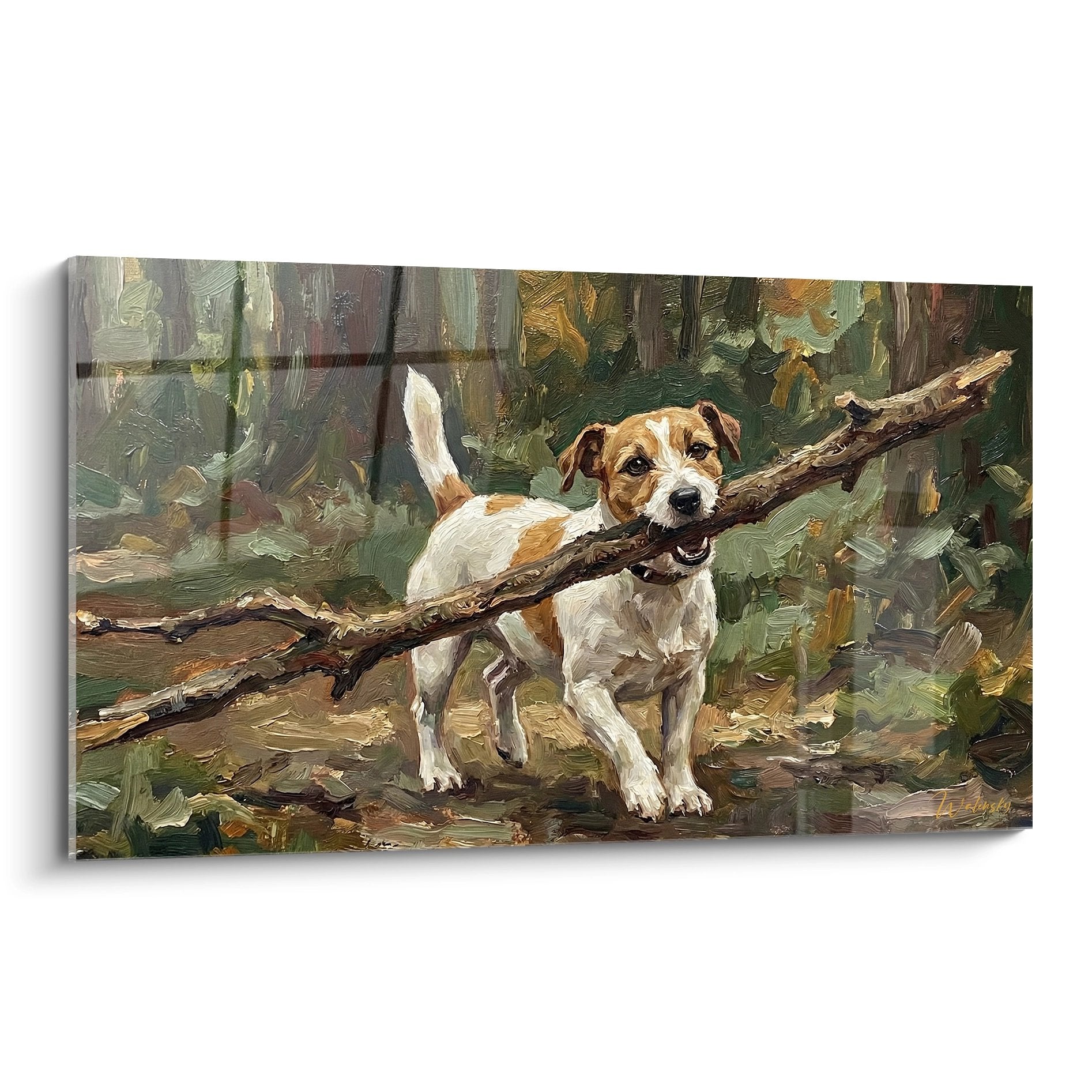 Peinture Jack Russel Terrier blanc et fauve tenant une branche dans un environnement forestier aux tons automnaux