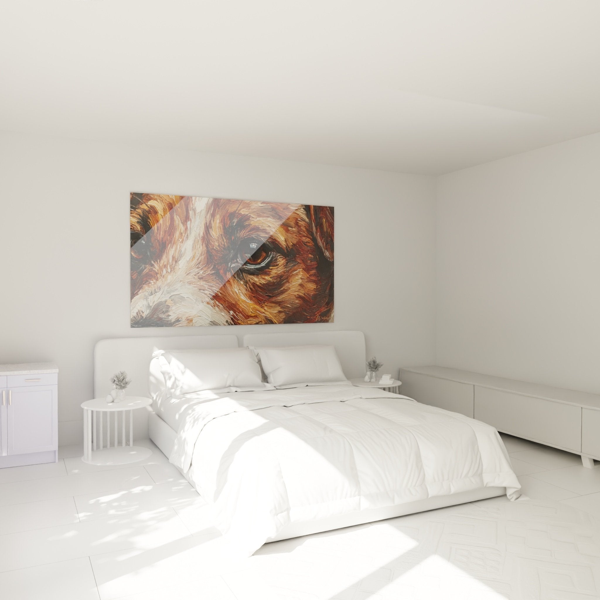 Jack Russell Terrier Gemälde in Kupfertönen im modernen Schlafzimmer, warme Wanddekoration