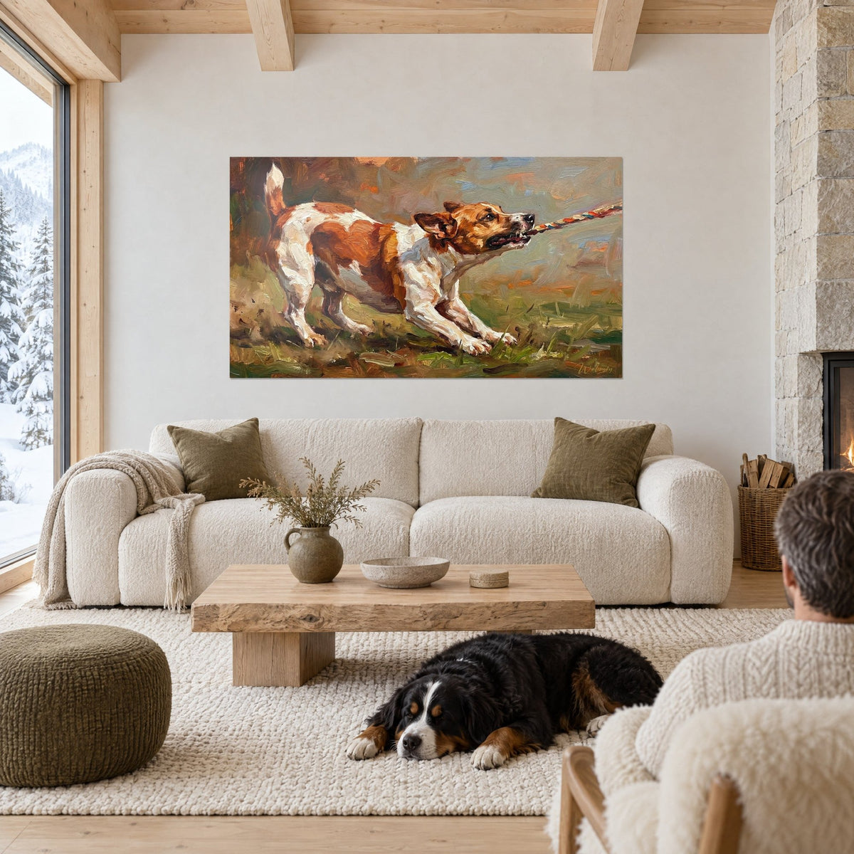 Tableau Jack Russel blanc et roux tirant sur sa corde tressée, herbe verte, au-dessus d'un canapé dans un salon lumineux