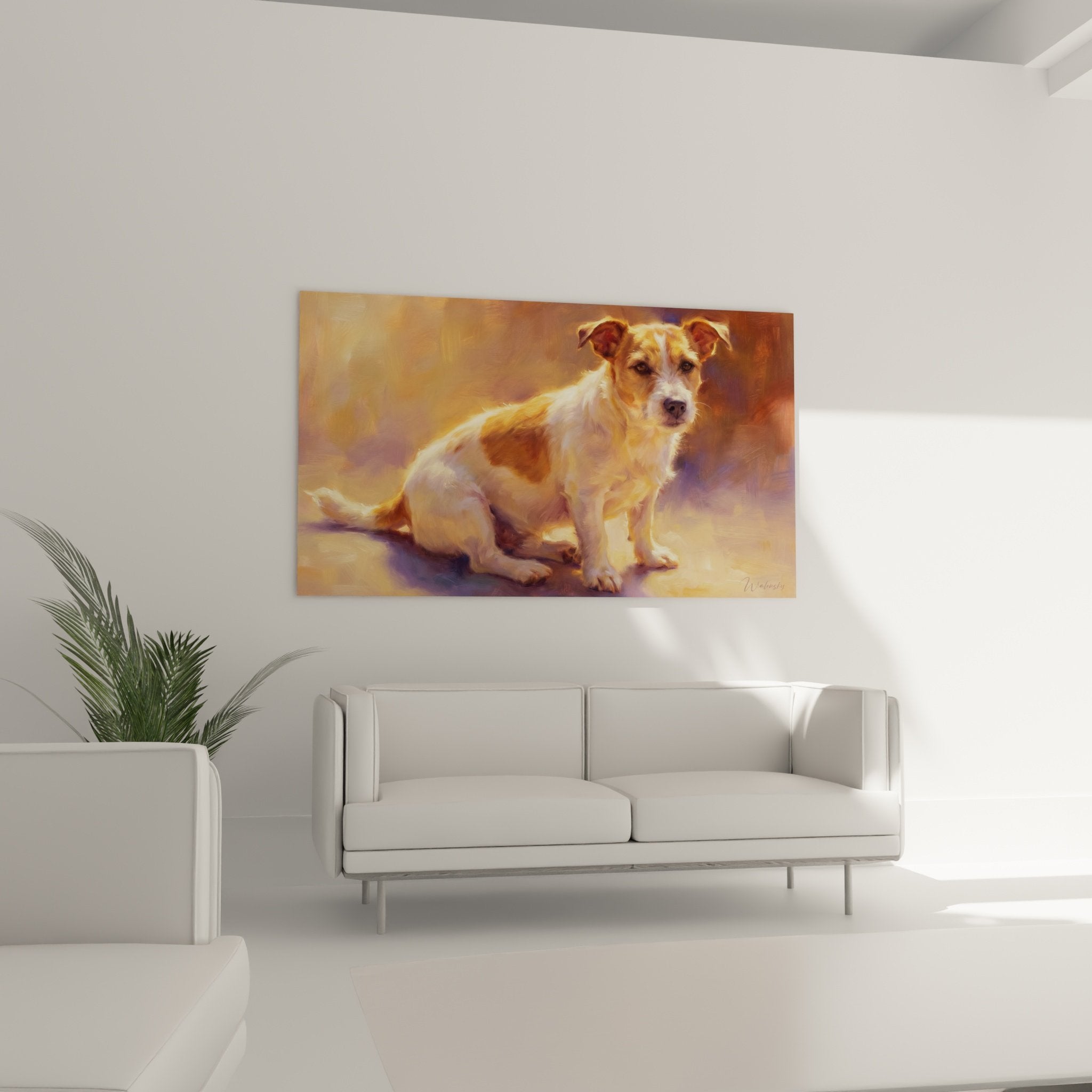 Détail peinture Jack Russel Terrier pelage fauve et blanc dans lumière dorée technique impressionniste