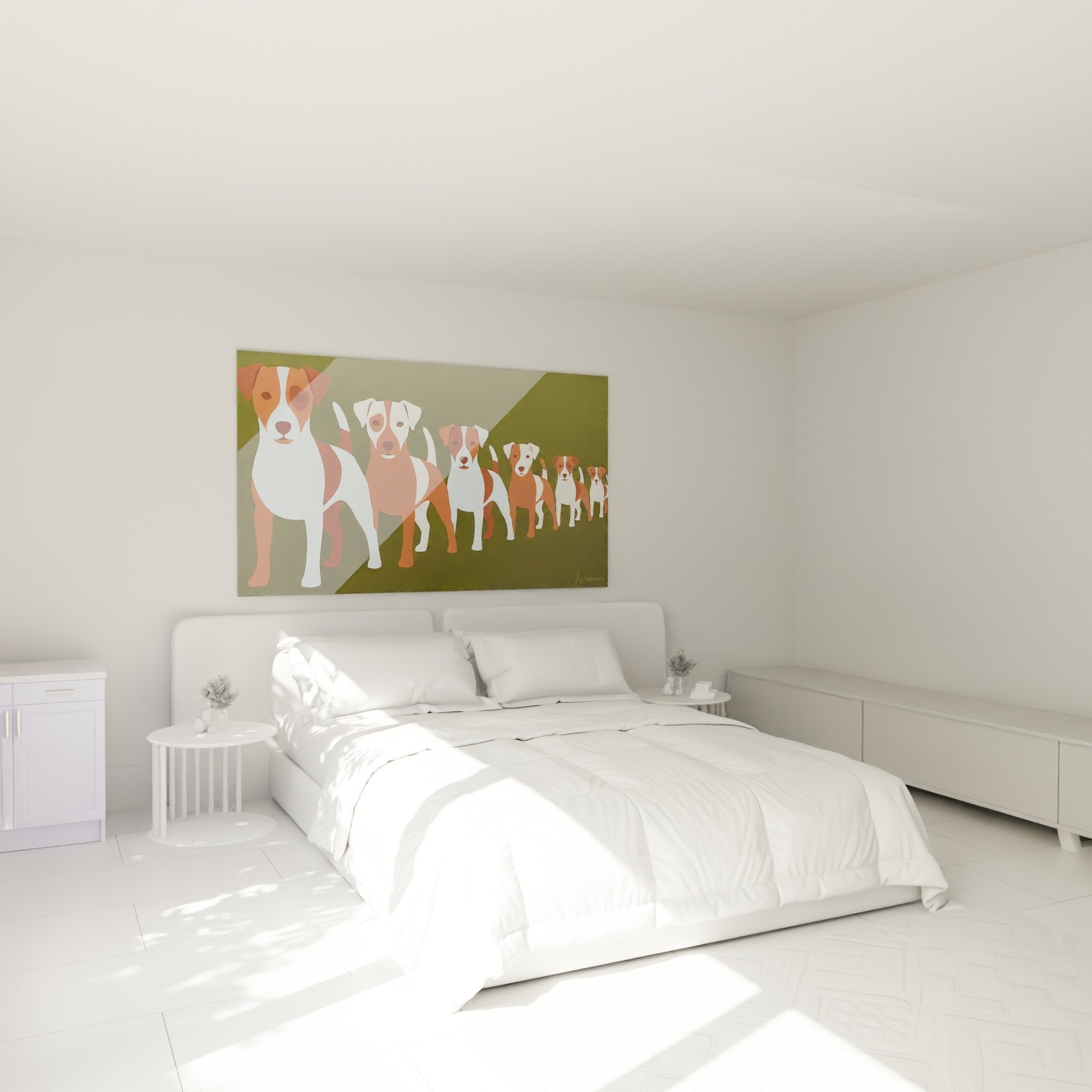 Tableau Jack Russel Terrier géométrique dans chambre moderne, tons chauds olive et blanc sur mur beige