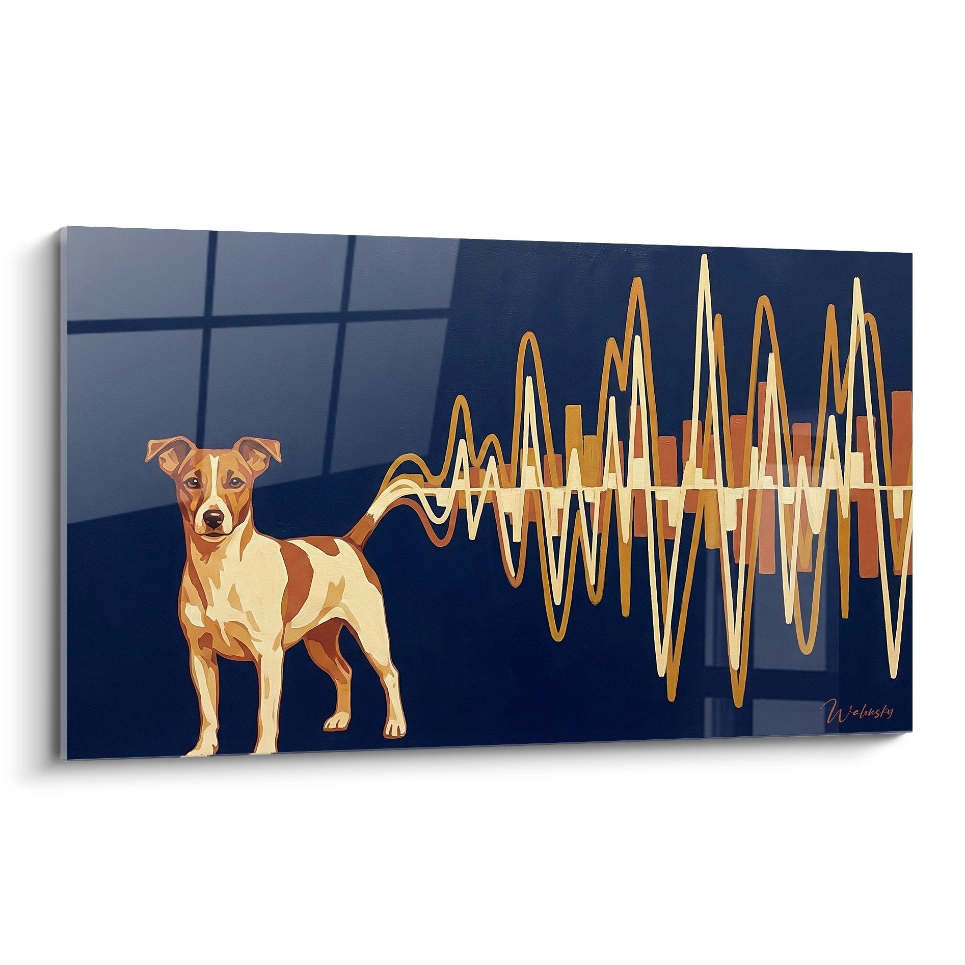 tableau moderne jack russel terrier ondes sonores dorees fond carrelage bleu marine art contemporain