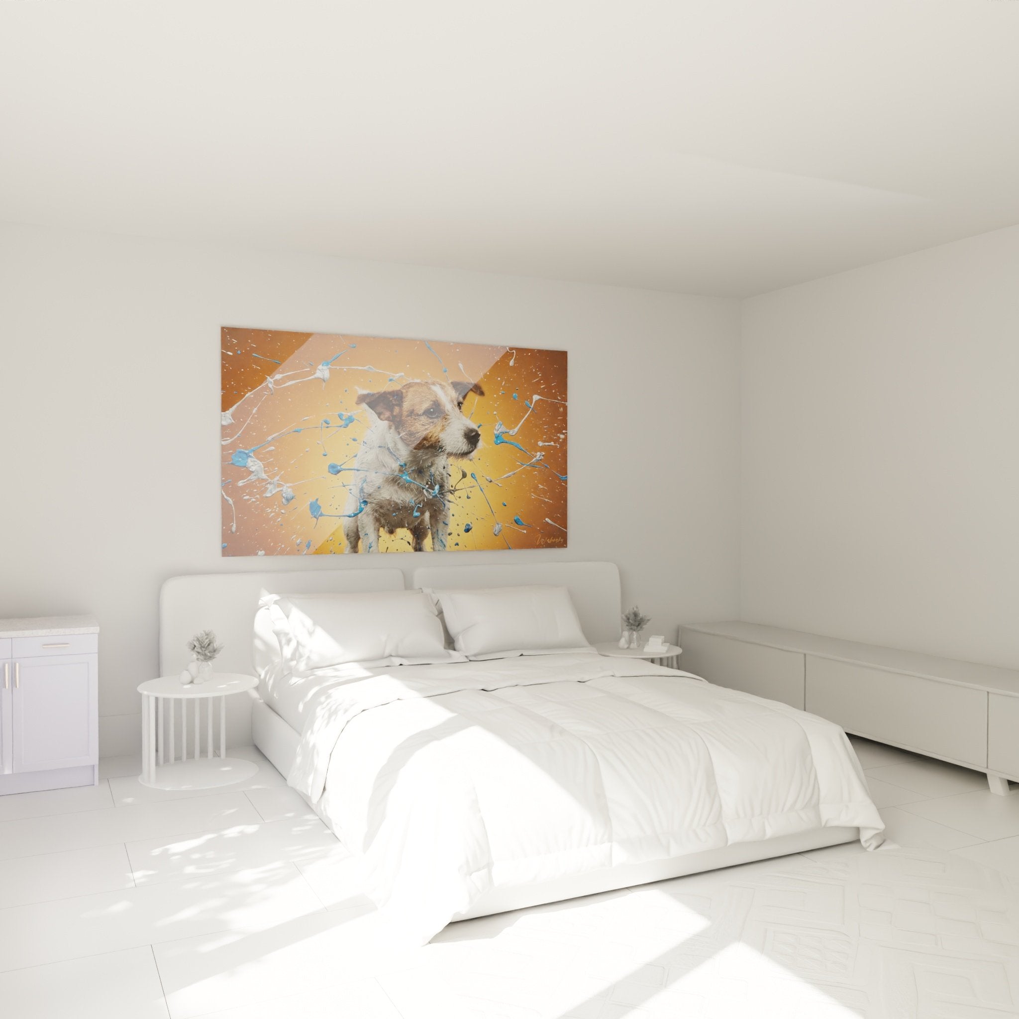 Tableau chien Jack Russel artistique eclaboussures peinture dans chambre decoration murale moderne coloree