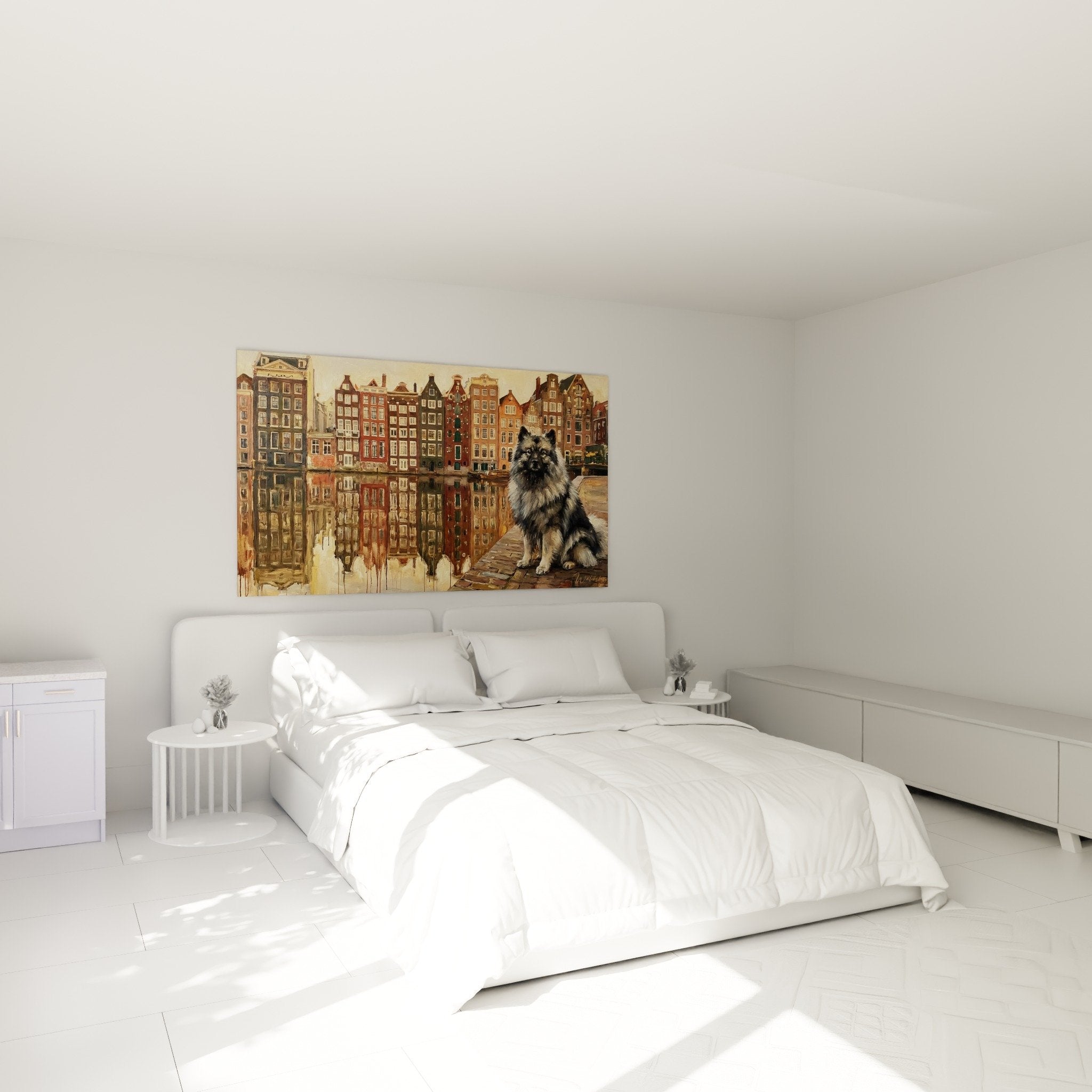 Tableau Keeshond Amsterdam dans chambre moderne avec murs clairs et mobilier contemporain
