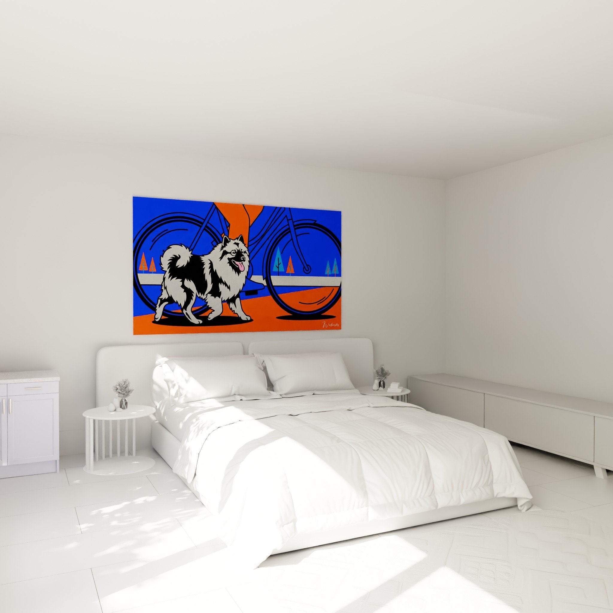Keeshond espiegle decoration chambre moderne tableau bleu orange art contemporain chien nordique mur blanc