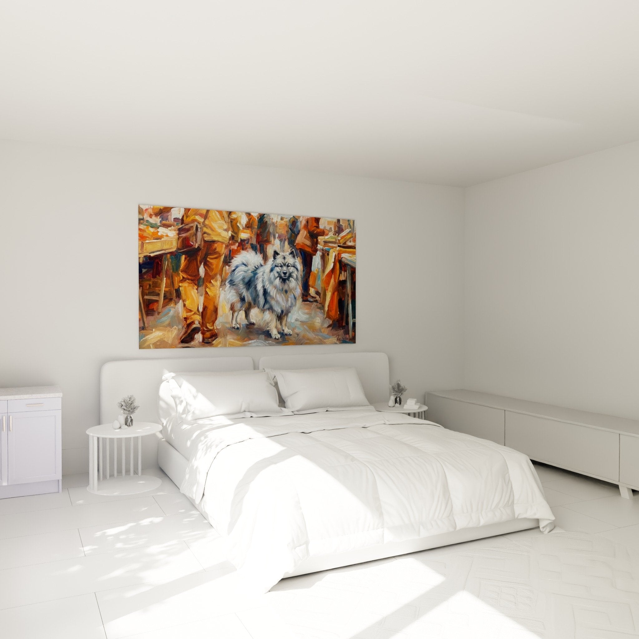 Decoration murale Keeshond tons chauds oranges dans chambre ambiance cosy tableau chien pelage gris