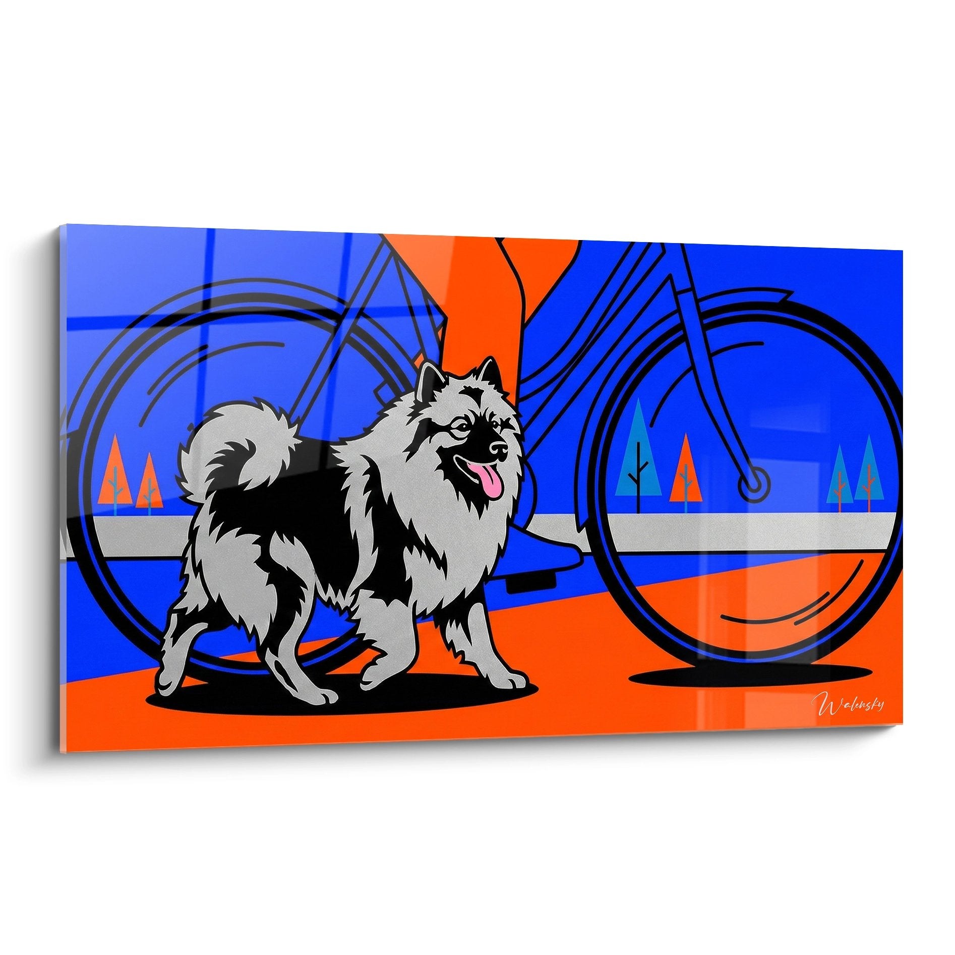 Tableau Keeshond joyeux langue sortie fond bleu orange cercles noirs style contemporain art canin moderne coloré