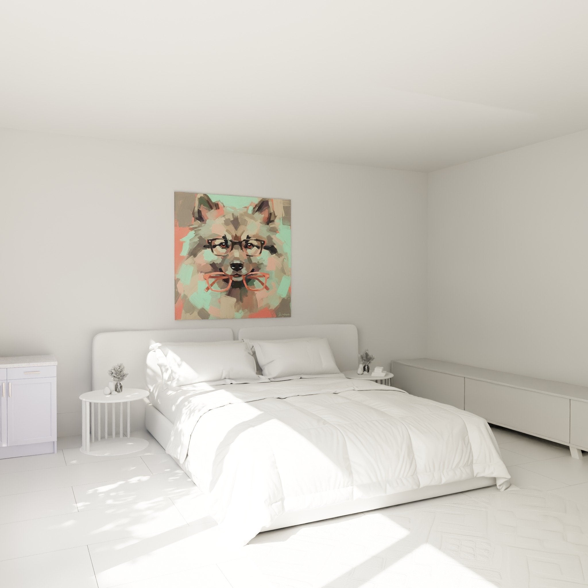 Tableau Keeshond à lunettes coloré menthe corail dans chambre moderne, décoration murale artistique originale