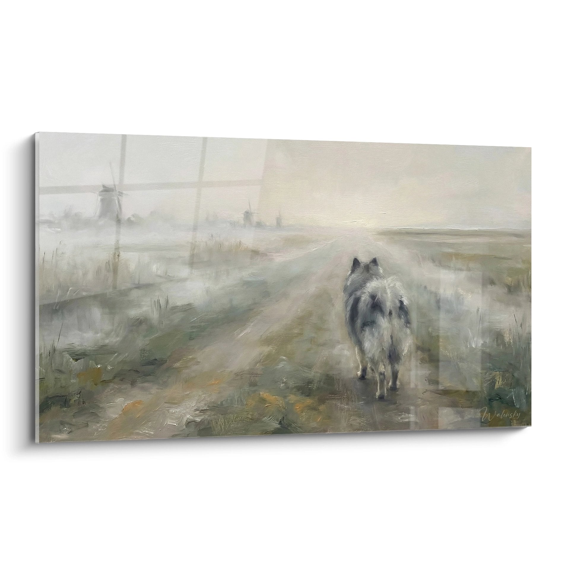 Tableau Keeshond dans paysage brumeux tons nacres avec moulins hollandais style impressionniste