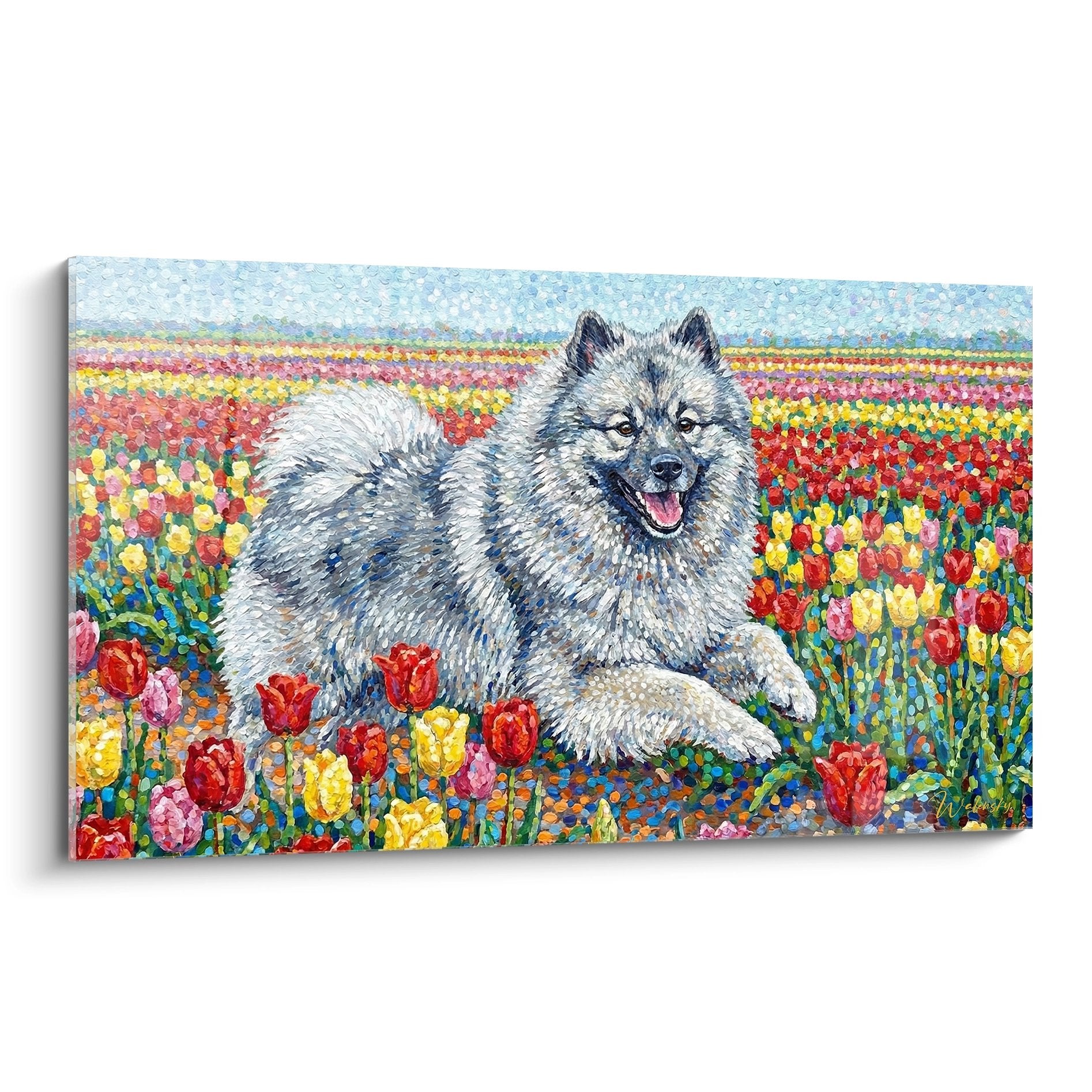 Tableau pointilliste Keeshond souriant dans champ tulipes multicolores rouge jaune rose blanc style art floral