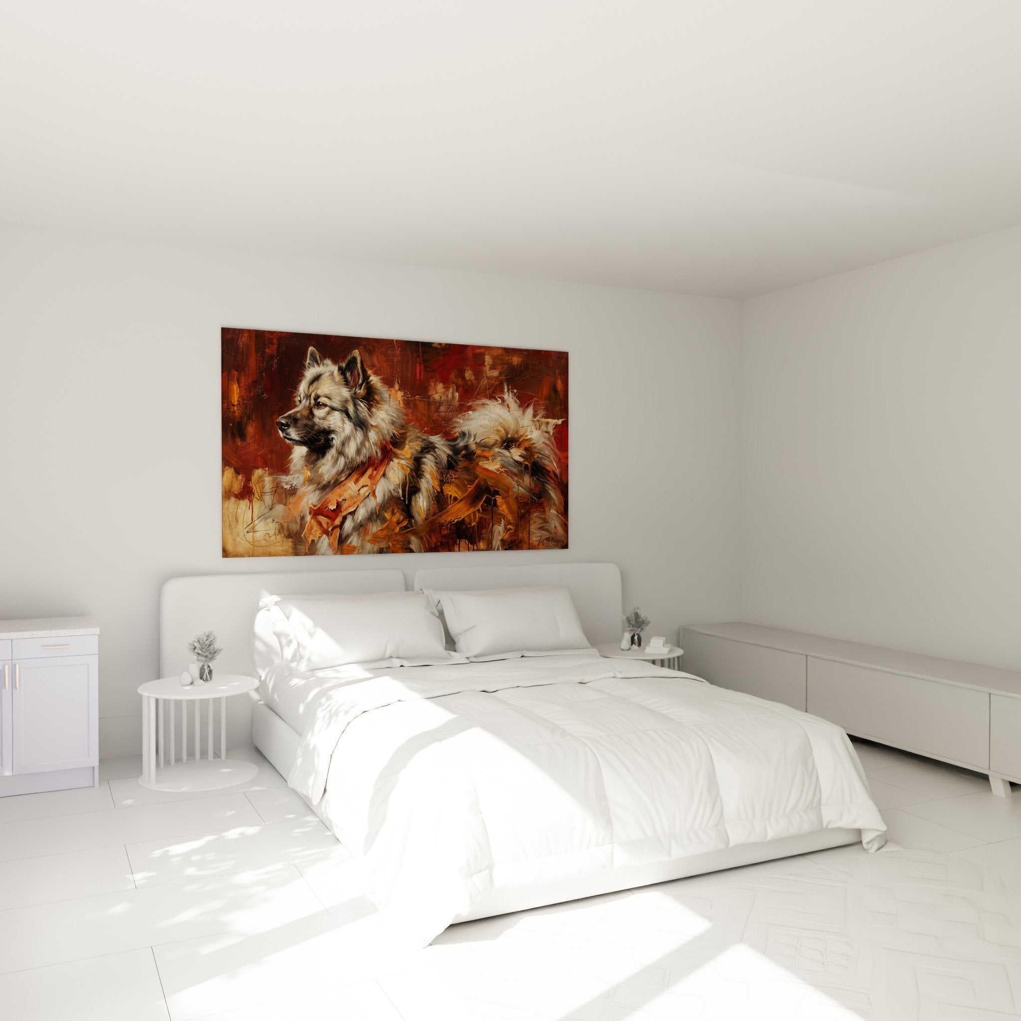 Keeshond Gemälde warme Kupfertöne Schlafzimmer Dekoration gemütliche Atmosphäre zeitgenössische Kunst Hundeportrait