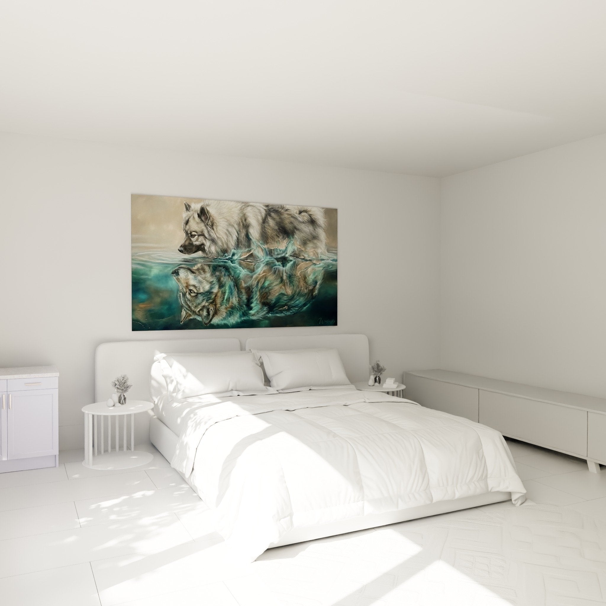 Tableau Keeshond aquatique aux reflets turquoise dans chambre moderne et apaisante