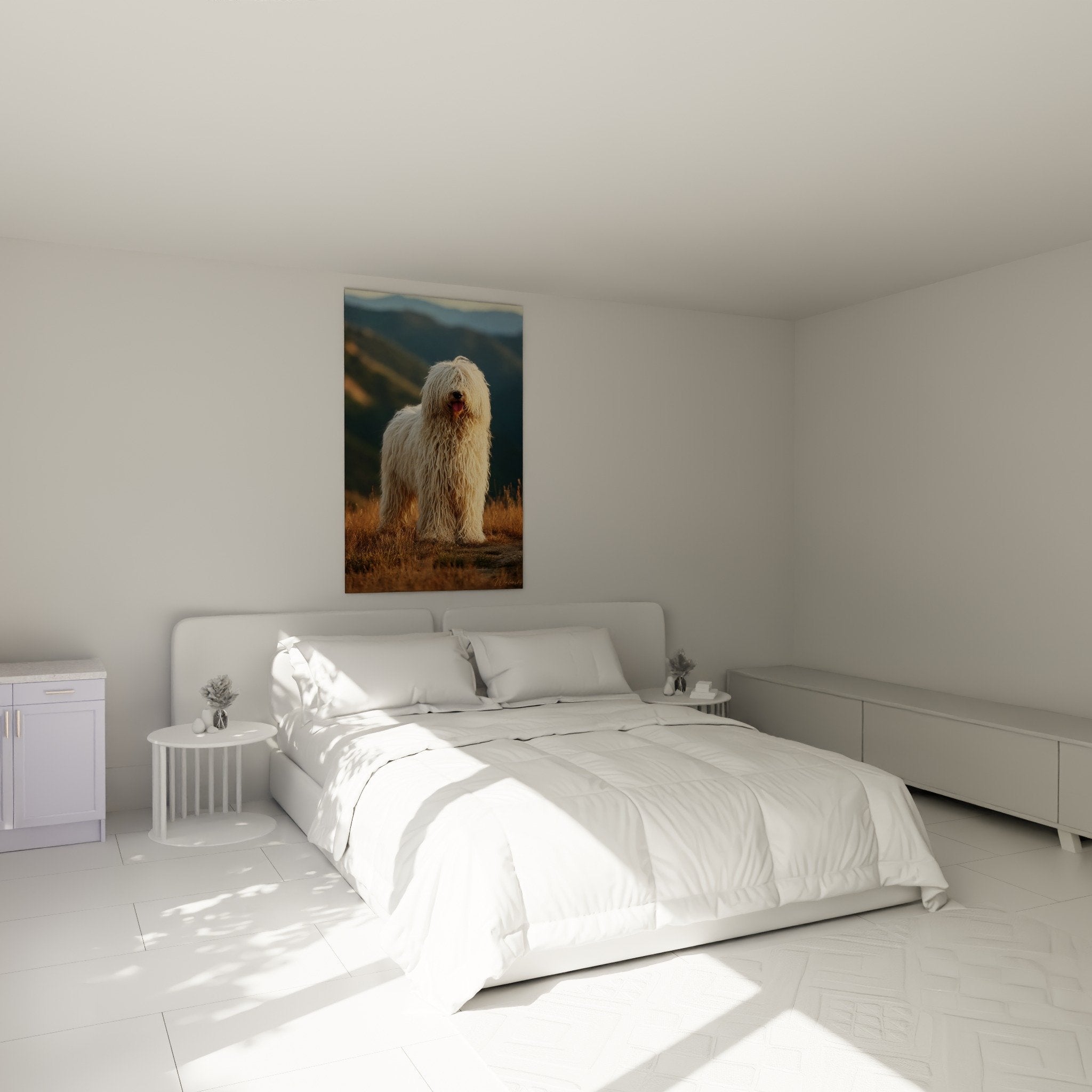 Quadro Komondor pelo ondulato crema in camera decorazione murale cane pastore ungherese atmosfera accogliente