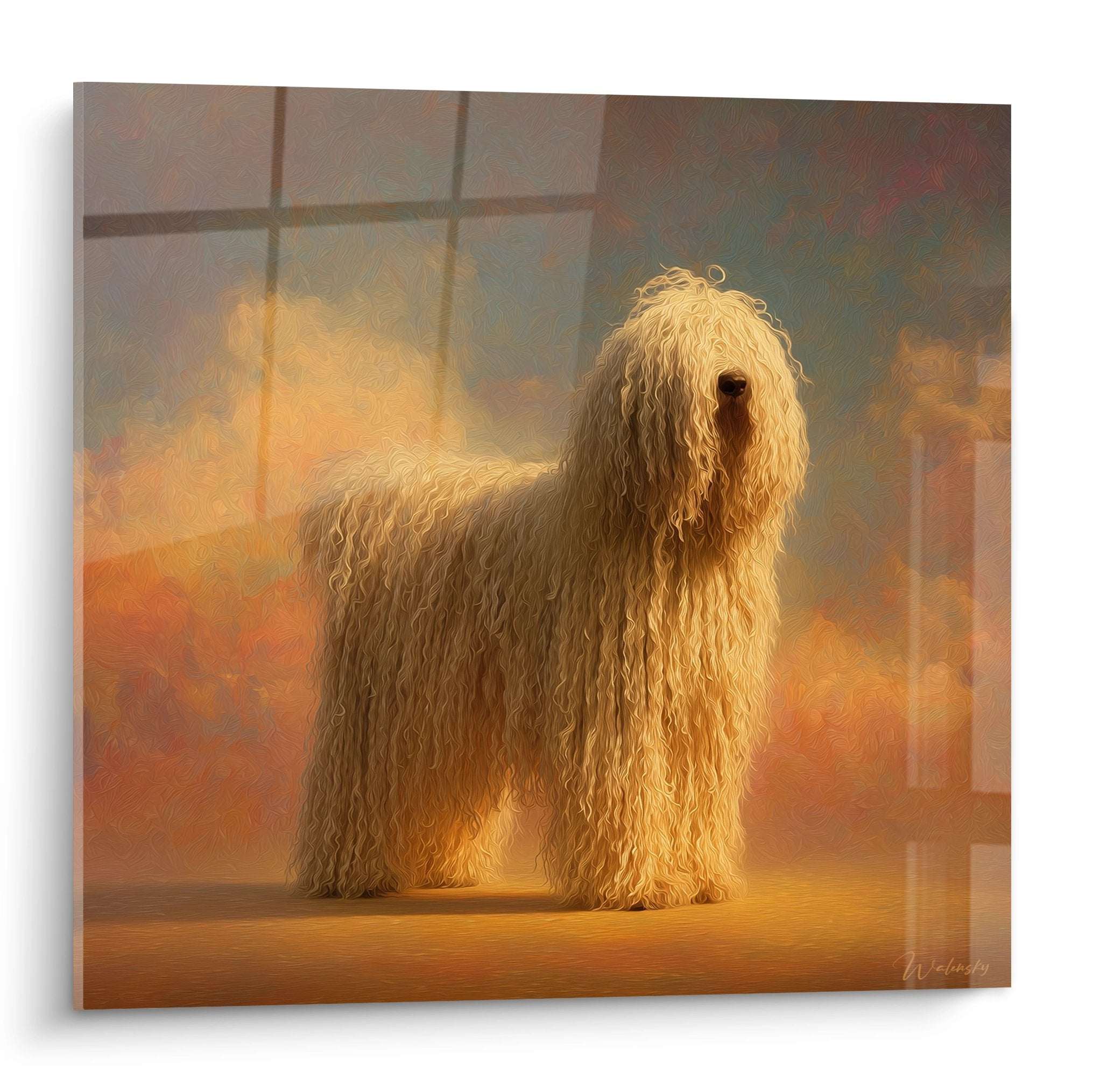 Tableau artistic d'un chien Komondor aux longs poils dorés dans une lumière chaude orangée